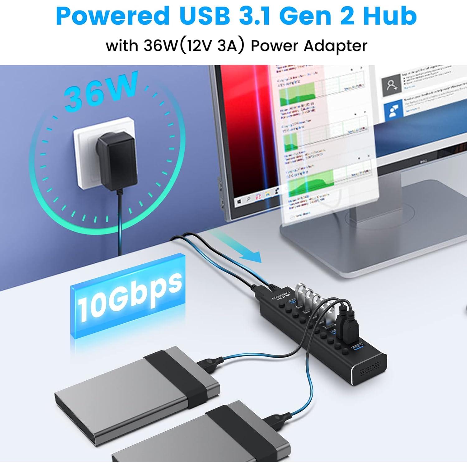 Hub USB 3.1 Rosonway 10 Puertos 10Gbps Alimentado 36W