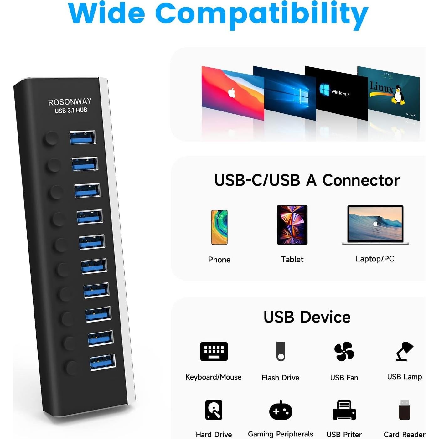Hub USB 3.1 Rosonway 10 Puertos 10Gbps Alimentado 36W