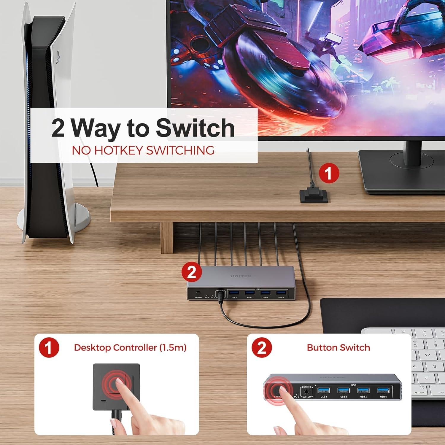 Interruptor KVM Unitek DP 8K 2 Computadoras 4 USB 3.0
