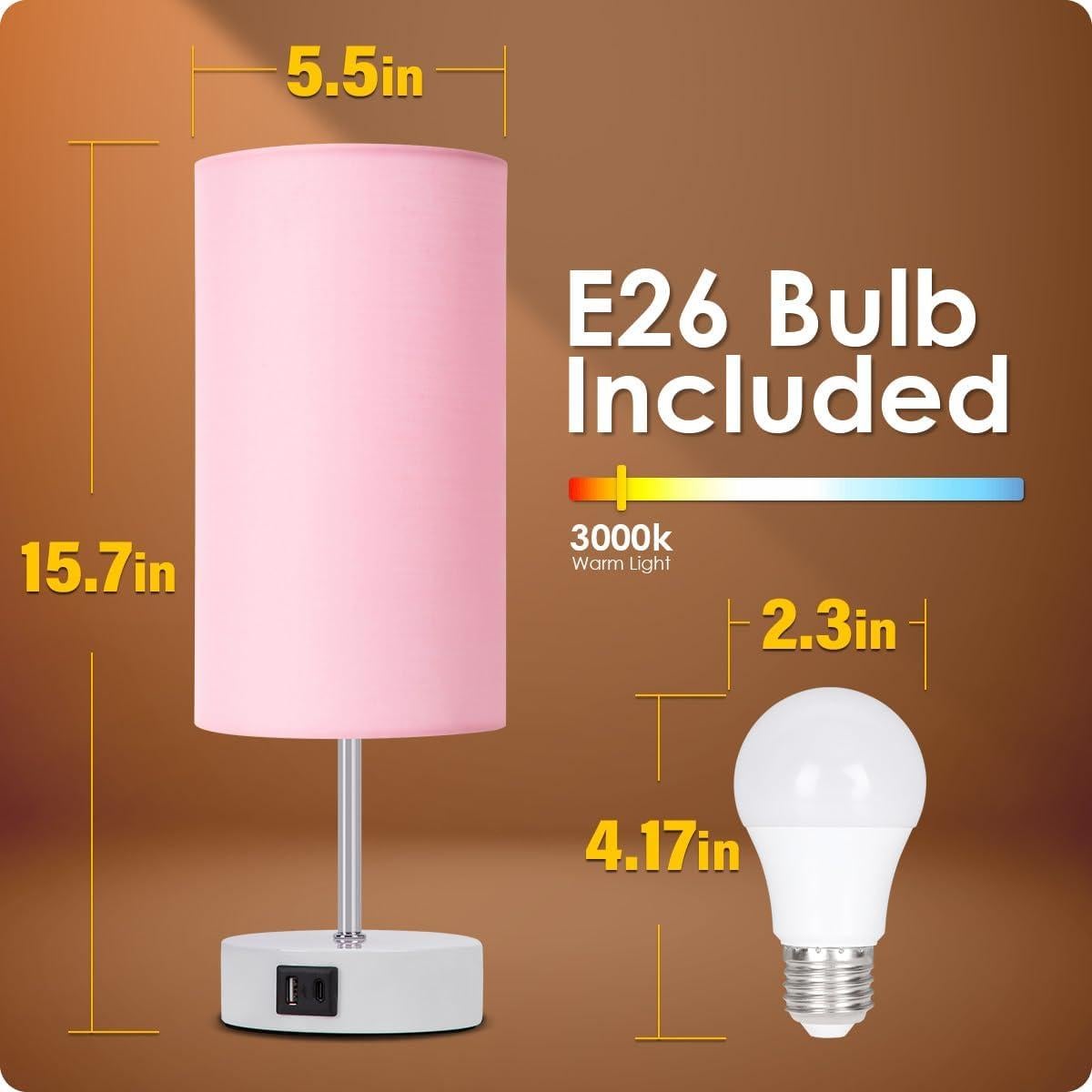 Lámpara de Mesita Yarra-Decor Rosa con Carga USB y Toma de Corriente