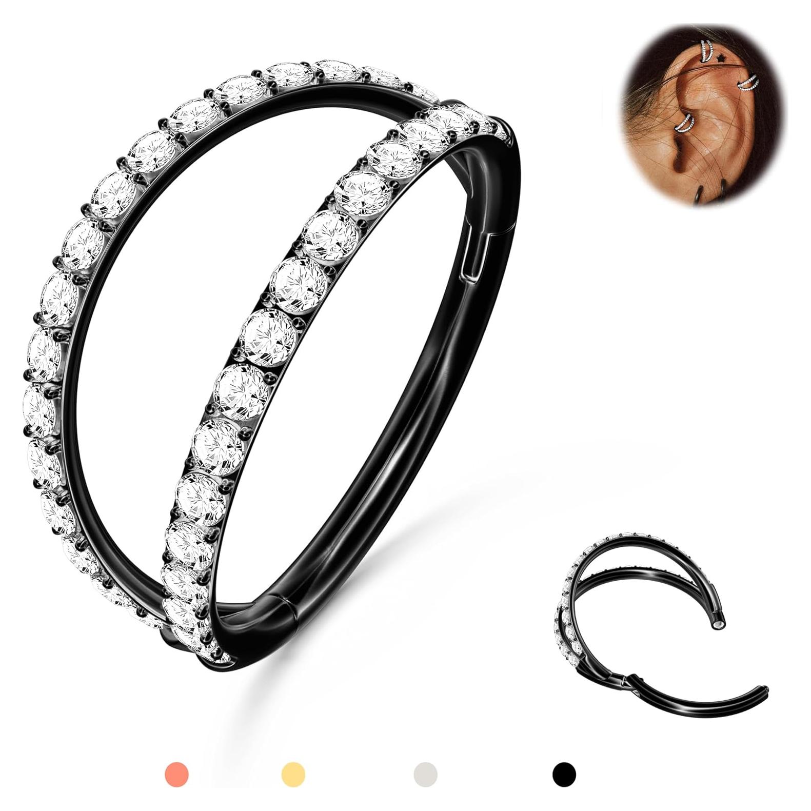 BodyBonita Triple/Double Hoop Nose Ring - 316L Stainless Steel Septum Clicker 16G/18G/20G CZ Conch Piercing Jewelry Septum Clicker Rings Cartilage Earring Helix Rook Tragus Gold/Black/Silver/Rose Gold