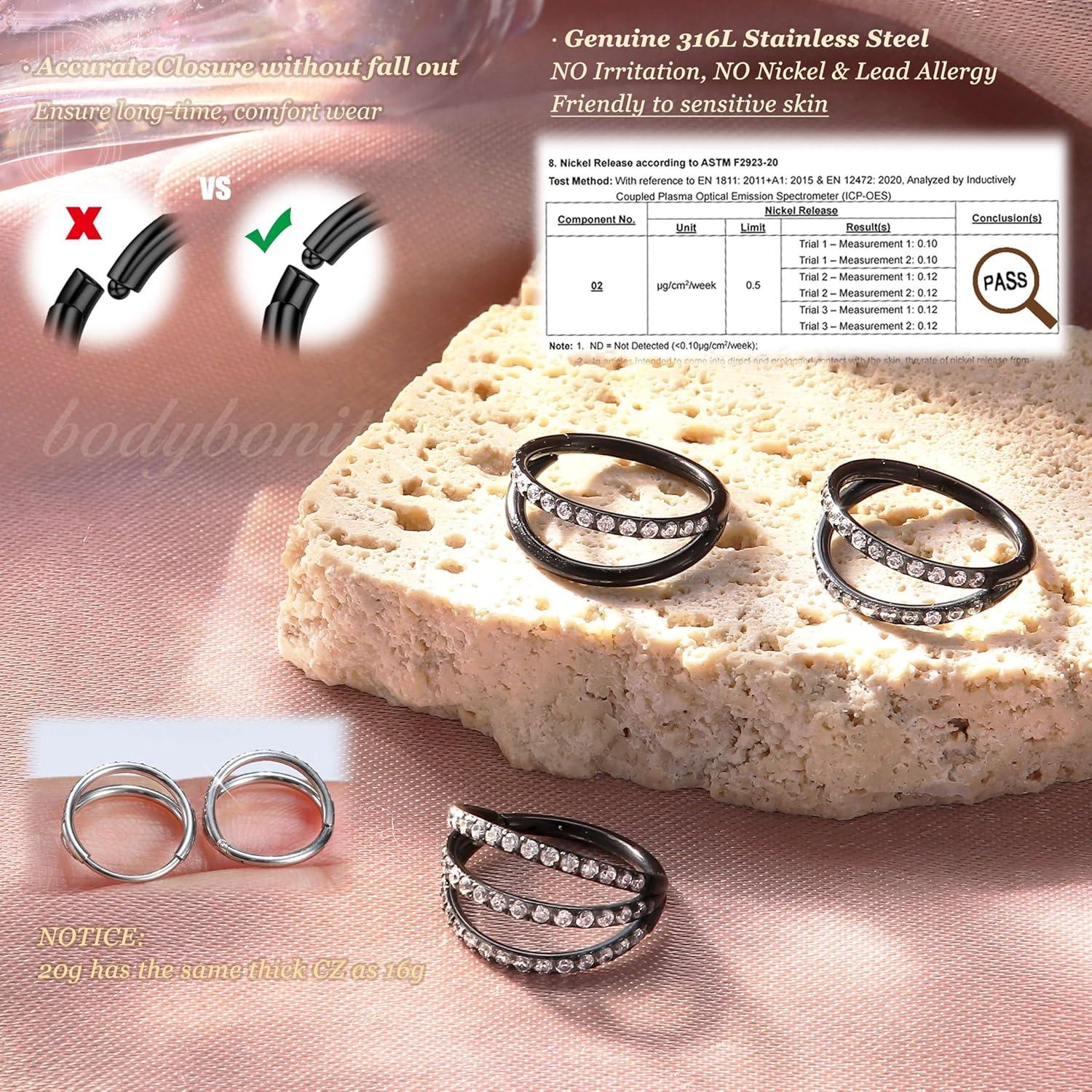 BodyBonita Triple/Double Hoop Nose Ring - 316L Stainless Steel Septum Clicker 16G/18G/20G CZ Conch Piercing Jewelry Septum Clicker Rings Cartilage Earring Helix Rook Tragus Gold/Black/Silver/Rose Gold