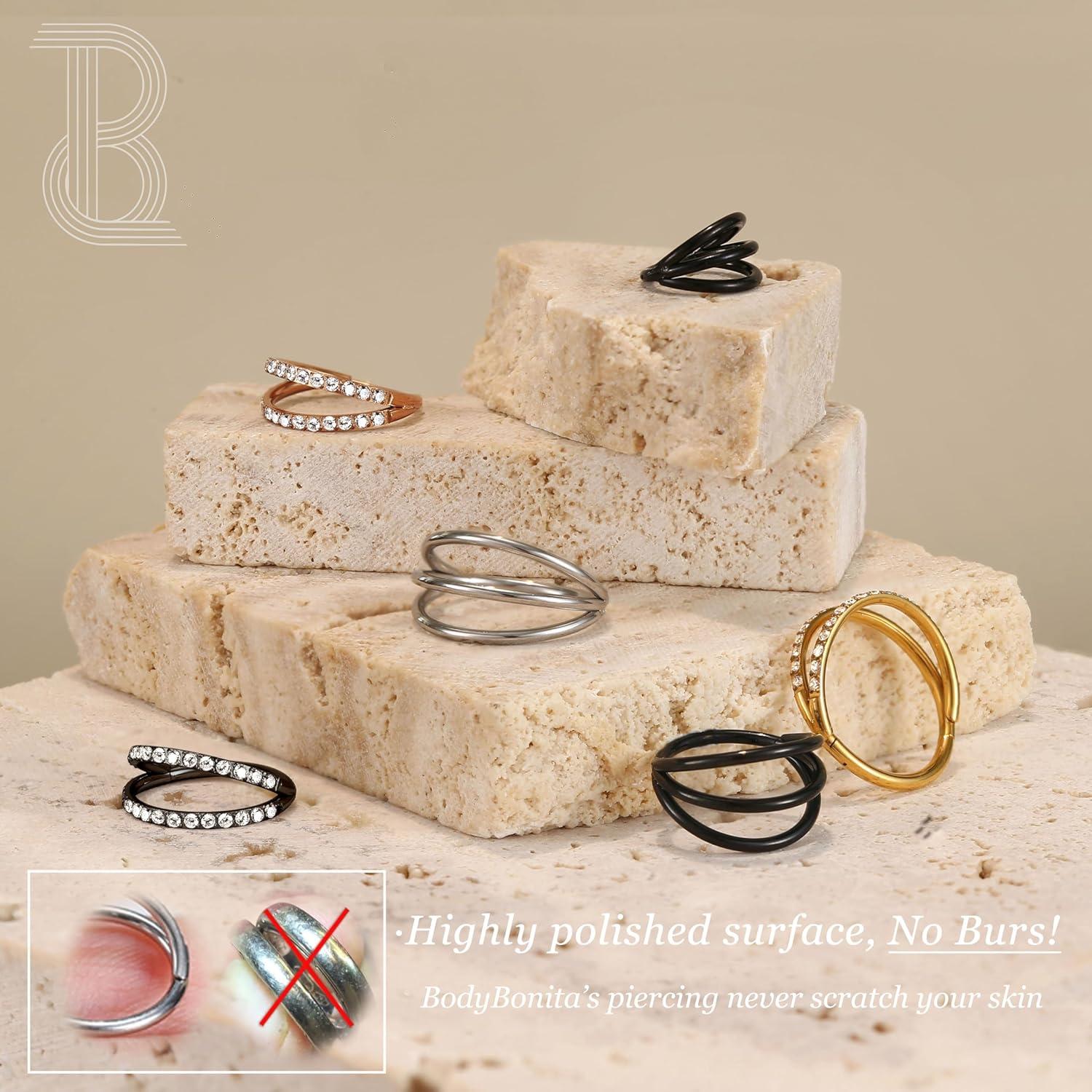 BodyBonita Triple/Double Hoop Nose Ring - 316L Stainless Steel Septum Clicker 16G/18G/20G CZ Conch Piercing Jewelry Septum Clicker Rings Cartilage Earring Helix Rook Tragus Gold/Black/Silver/Rose Gold