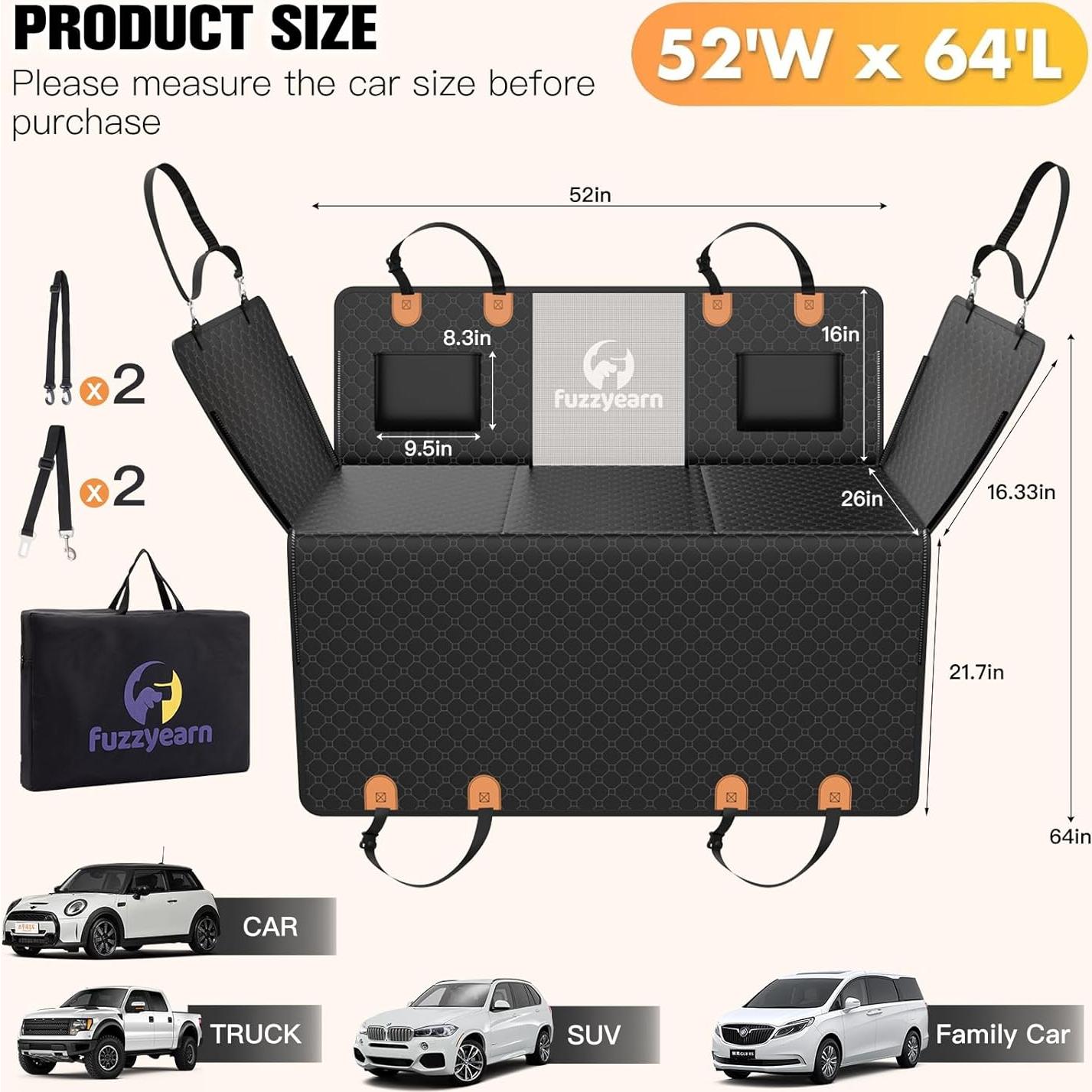 Extensor de Asiento Trasero para Perros Fuzzyearn Negro 132x63.5cm