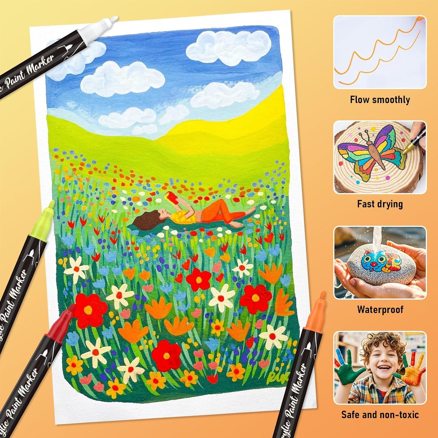 ANYUKE36 Colors Acrylic Paint Pens Markers, Dual Tip Acrylic Paint Markers for Wood,Rock Painting, Canvas, Stone, Glass, Acrylic Dot Markers Pen For DIY Crafts Making Art Supplies