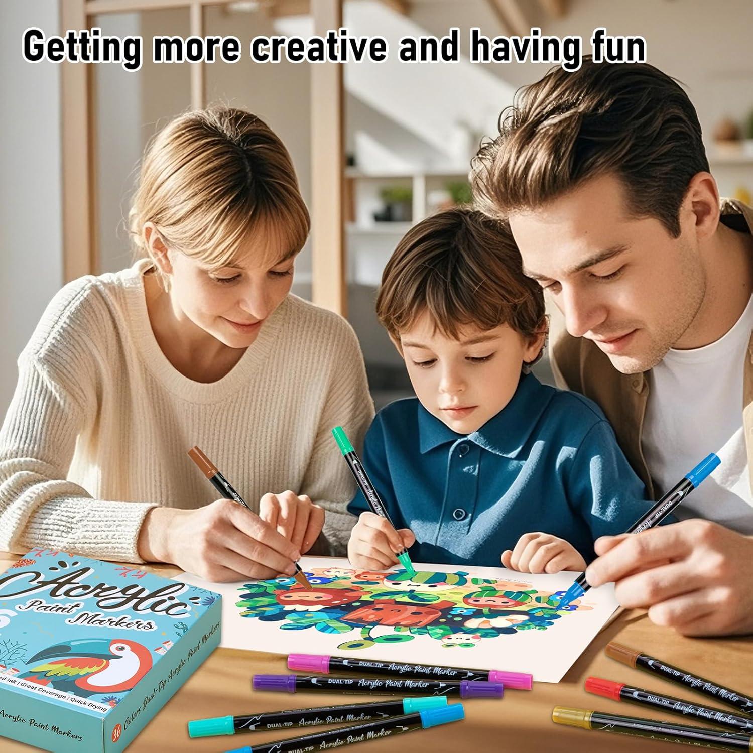 ANYUKE36 Colors Acrylic Paint Pens Markers, Dual Tip Acrylic Paint Markers for Wood,Rock Painting, Canvas, Stone, Glass, Acrylic Dot Markers Pen For DIY Crafts Making Art Supplies