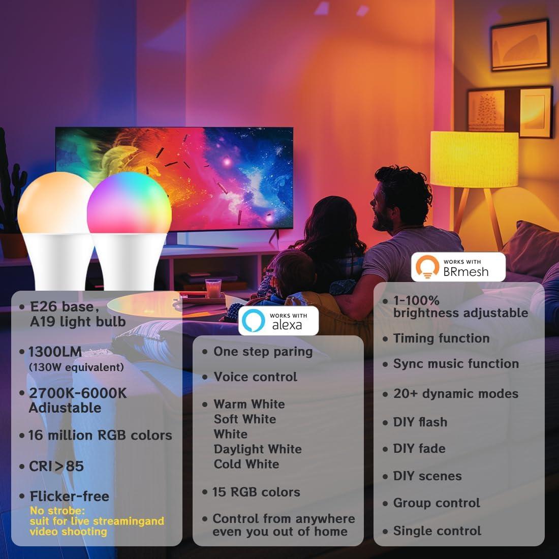 Bombillas Inteligentes UCB A19 E26 12W 1300LM RGB Alexa - Paquete de 4