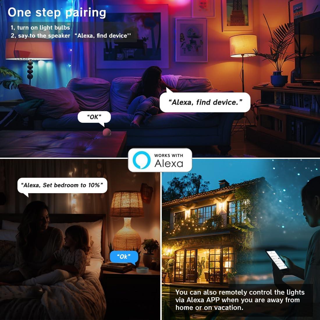 Bombillas Inteligentes UCB A19 E26 12W 1300LM RGB Alexa - Paquete de 4