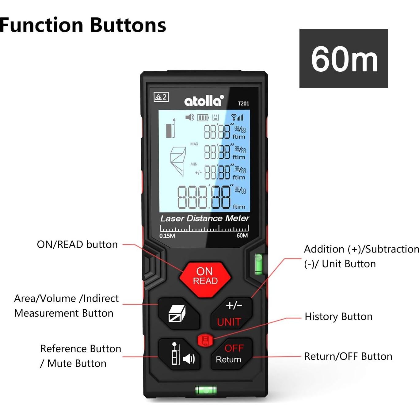 Medidor Láser atolla T201 hasta 60m ±2mm Precisión IP54