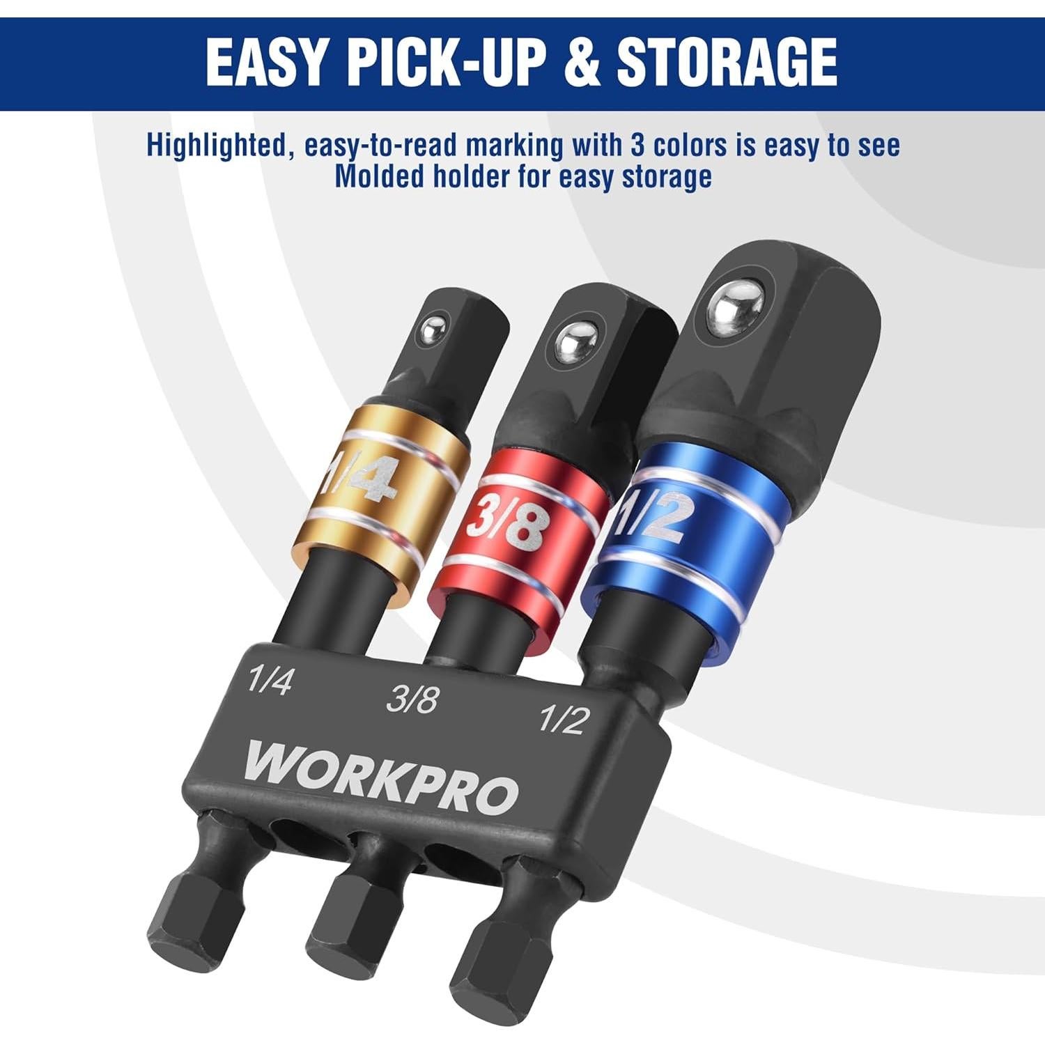 Conjunto de Adaptadores de Enchufe WORKPRO 3PCS 1/4 3/8 1/2 Pulgadas