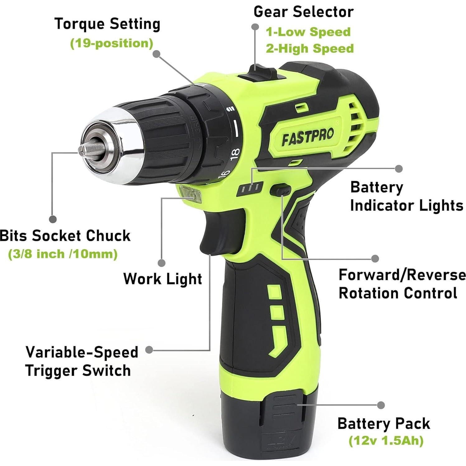 Taladro Inalámbrico 12V FASTPRO + 175 Piezas Herramientas