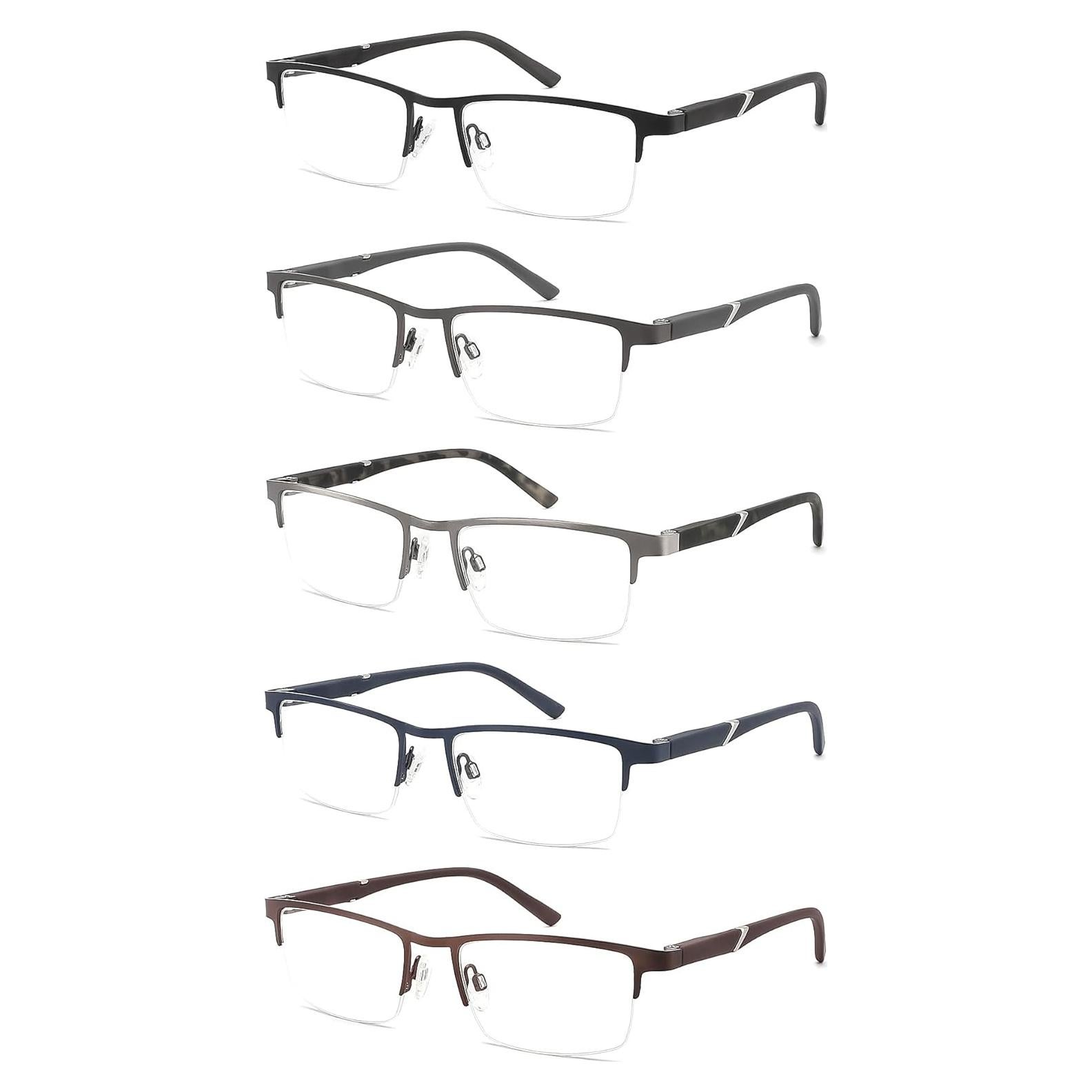Blue Light Filtering Reading Glasses 5 Pack Computer Metal Half-Frame Spring Hinges Readers for Men,Anti Glare UV