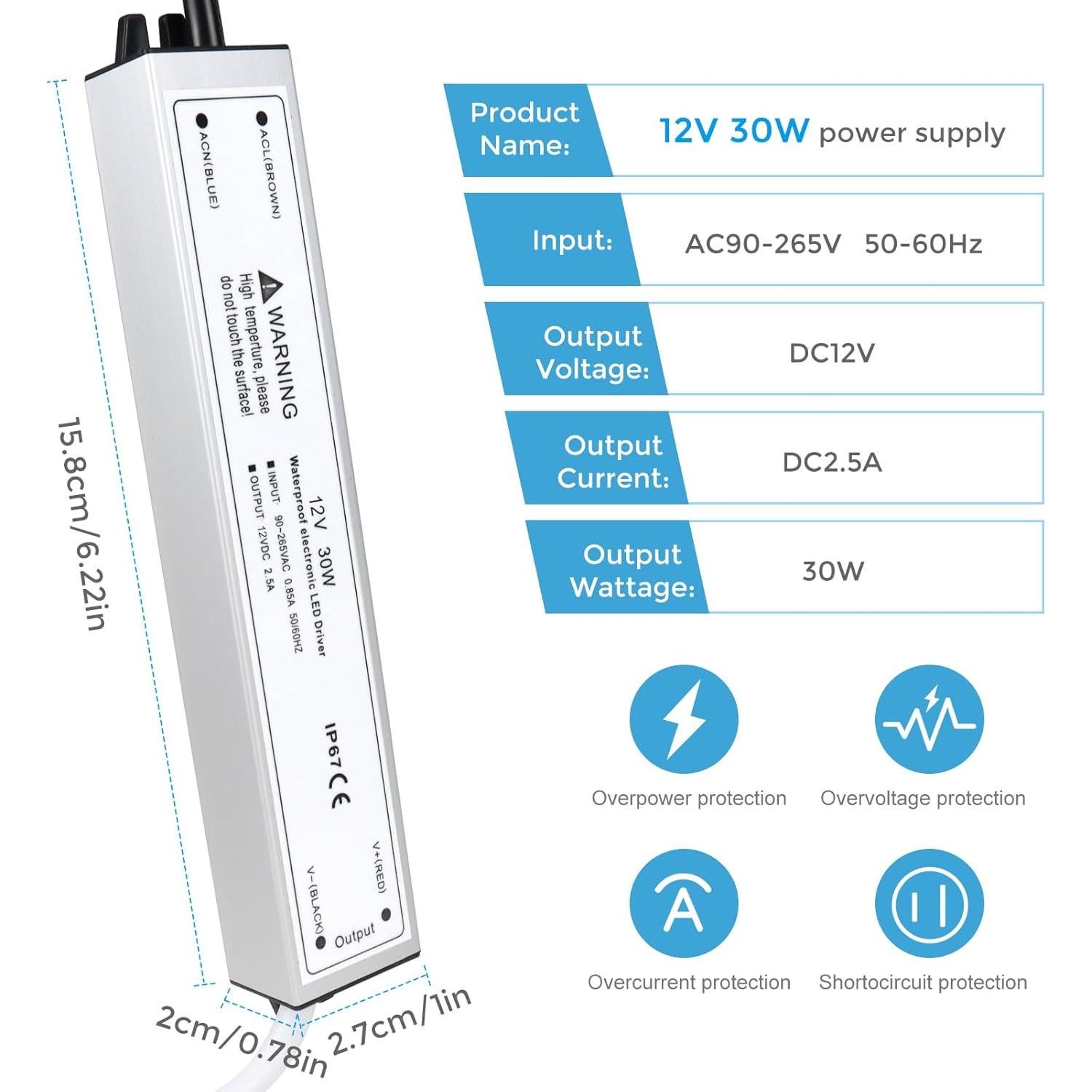 Fuente de Alimentación LED 12V 30W Jiasi IP67 Impermeable