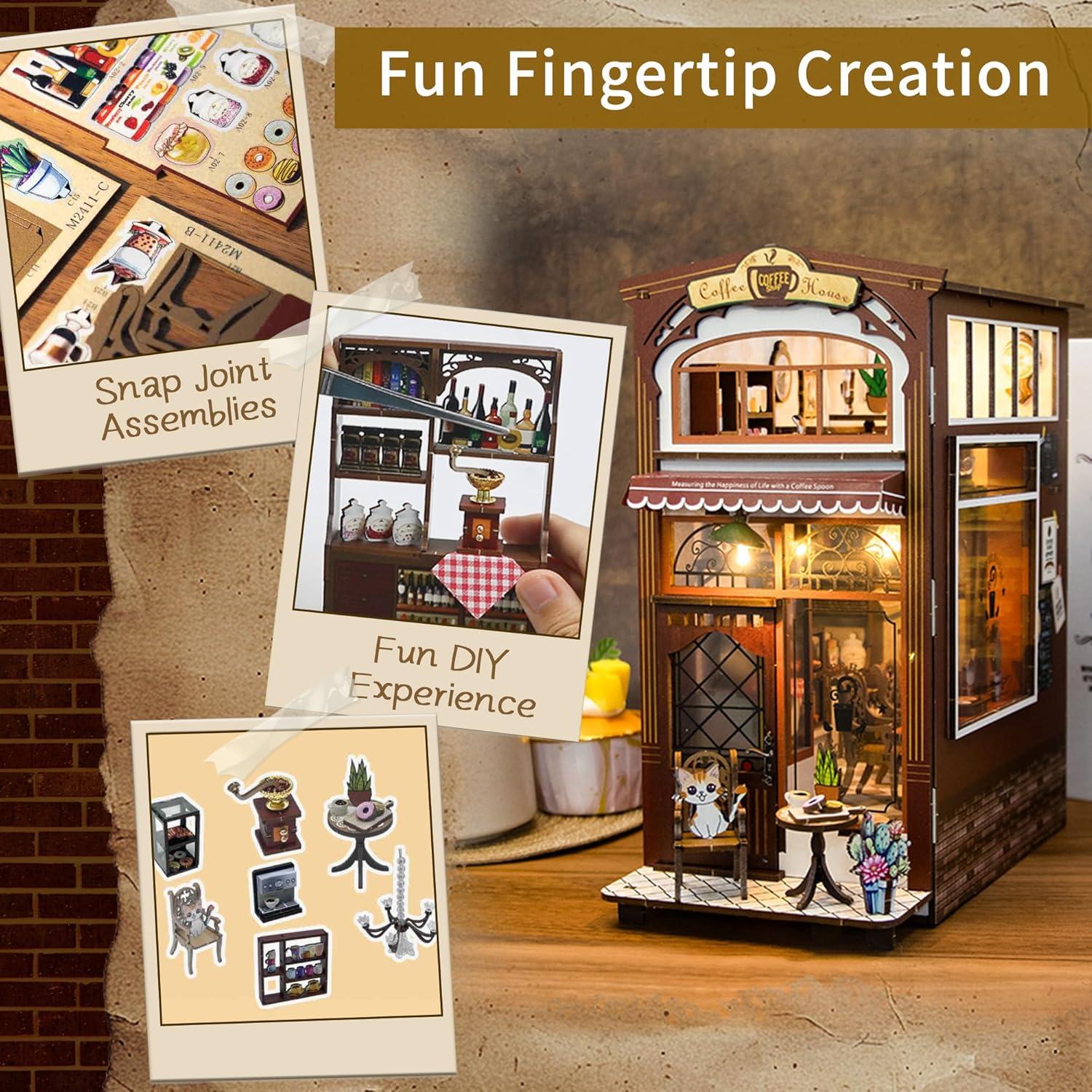 Kisoy Kit de Rincón de Libros Casa de Café 3D con LED