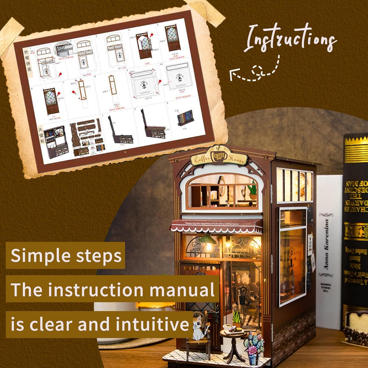 Kisoy Kit de Rincón de Libros Casa de Café 3D con LED