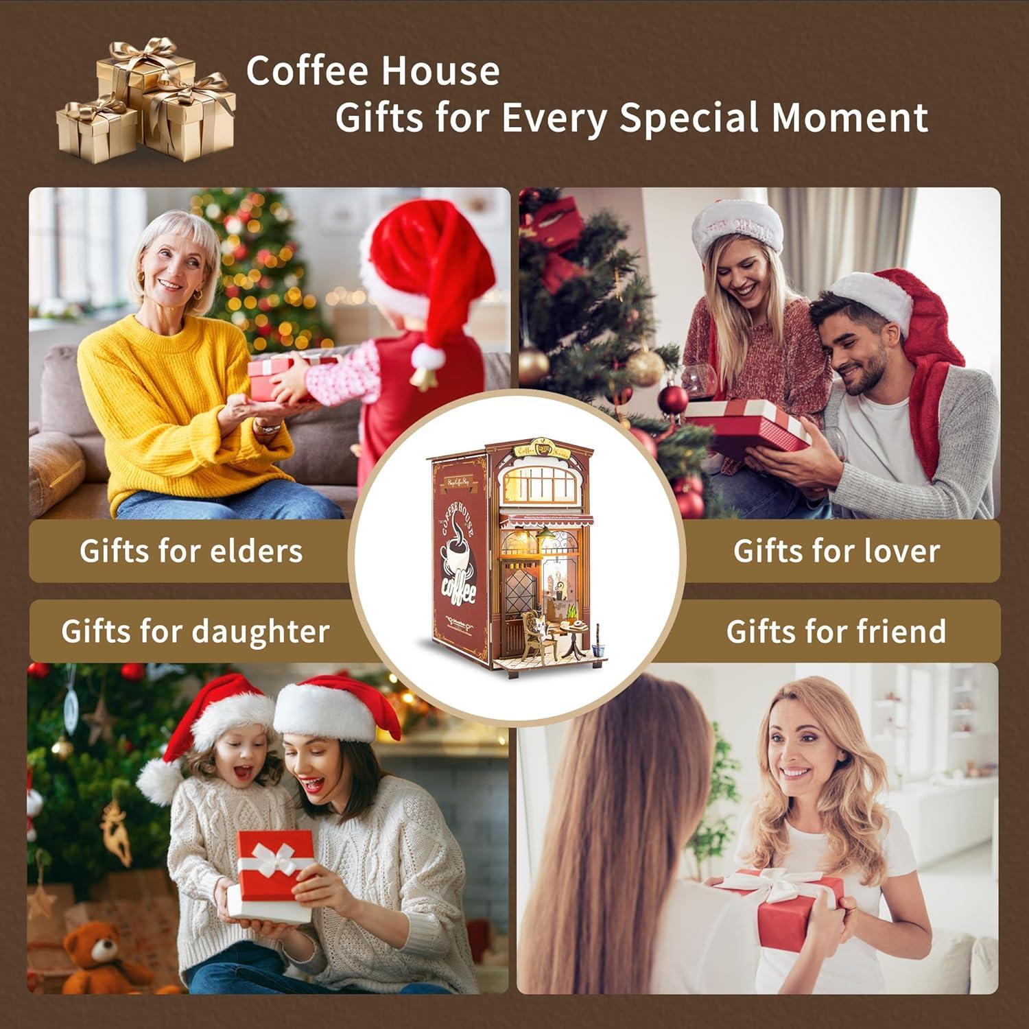 Kisoy Kit de Rincón de Libros Casa de Café 3D con LED