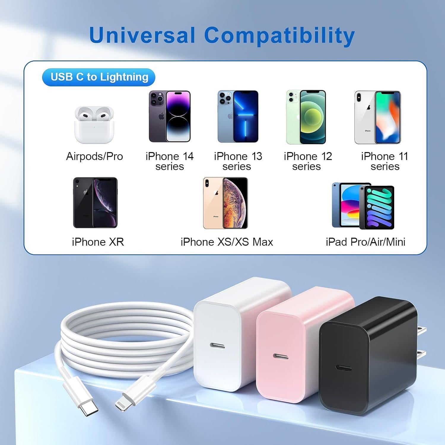 Cargador Rápido 20W MFi para iPhone 14/13/12/11 - Paquete de 3