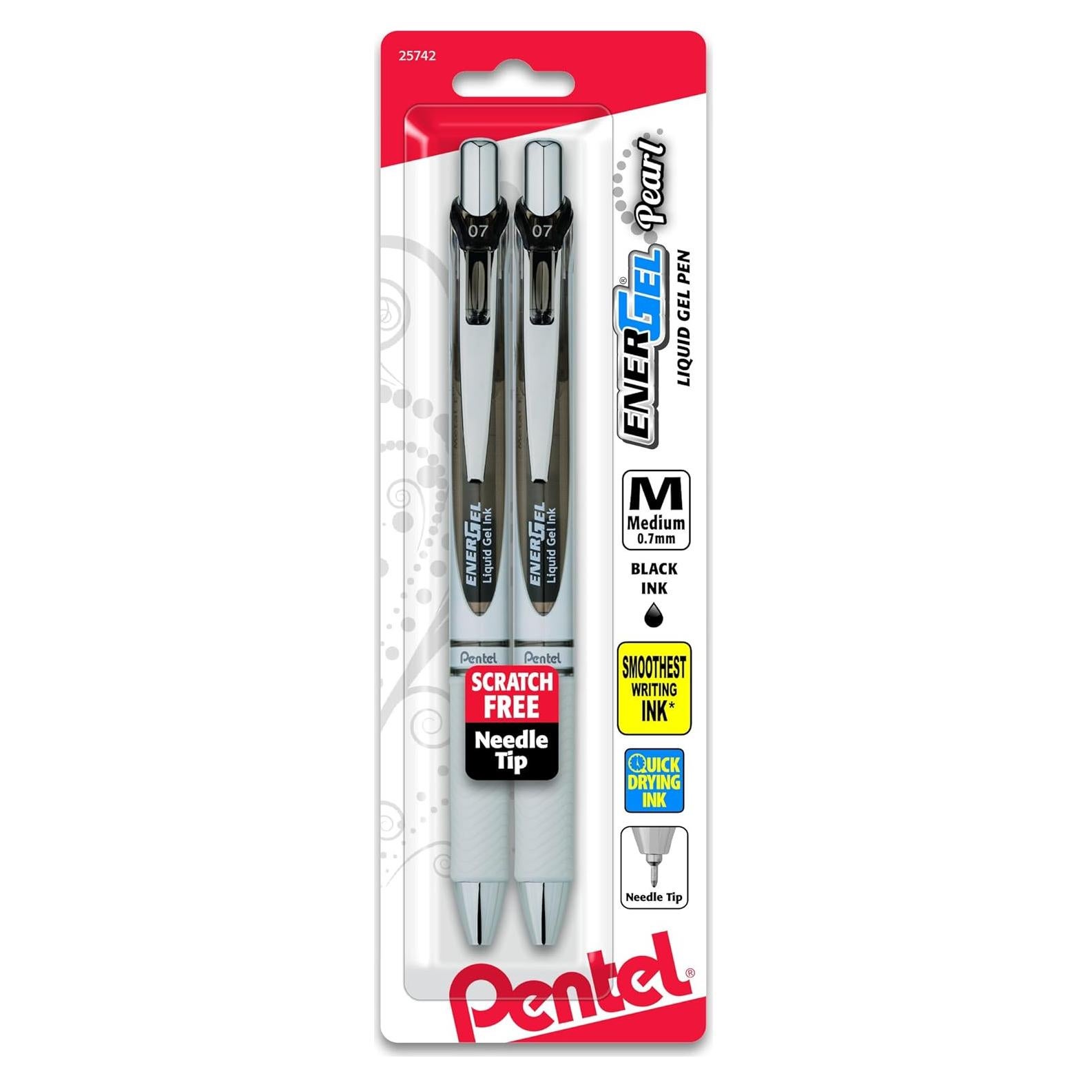 Pentel EnerGel Pearl RTX Retractable Liquid Gel Pen, (0.7mm), Medium Line, Needle Tip, Black Ink, Pack of 2 (BLN77WBP2A)