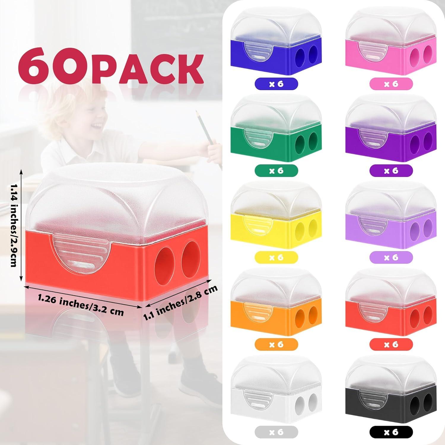 60 Sacapuntas Manuales Doble Orificio Aodaer con Tapa Colores