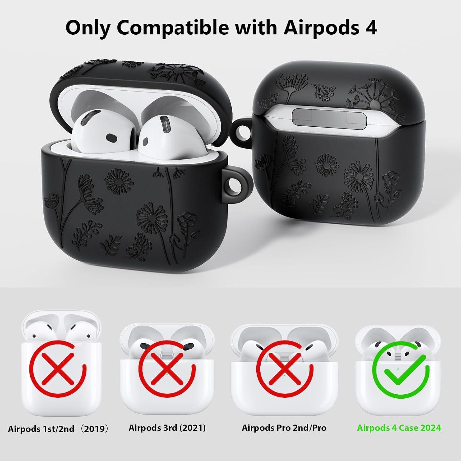 Funda Protectora Silicona QINGQING para AirPods 4 Floral 3D Negra