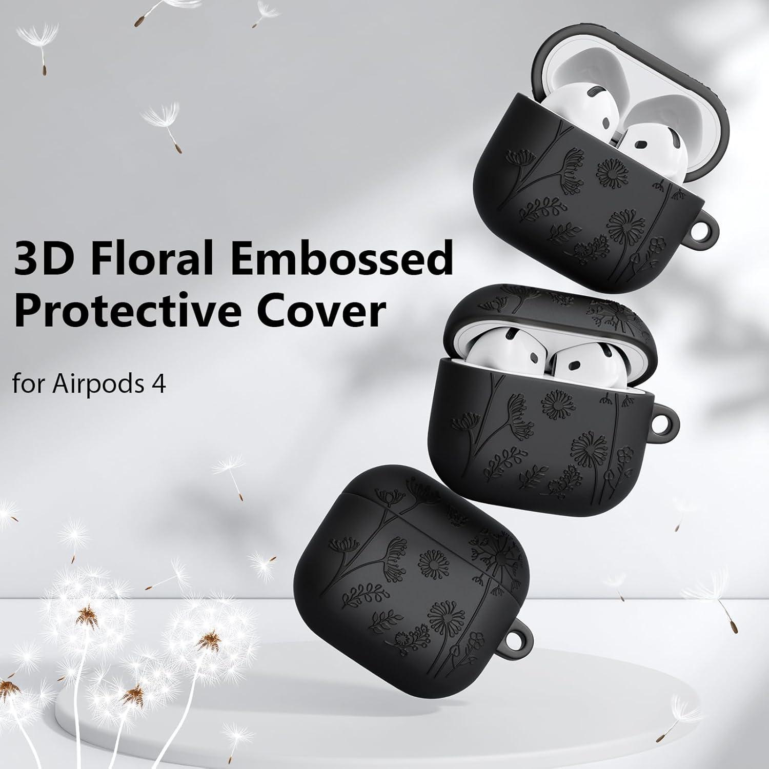 Funda Protectora Silicona QINGQING para AirPods 4 Floral 3D Negra