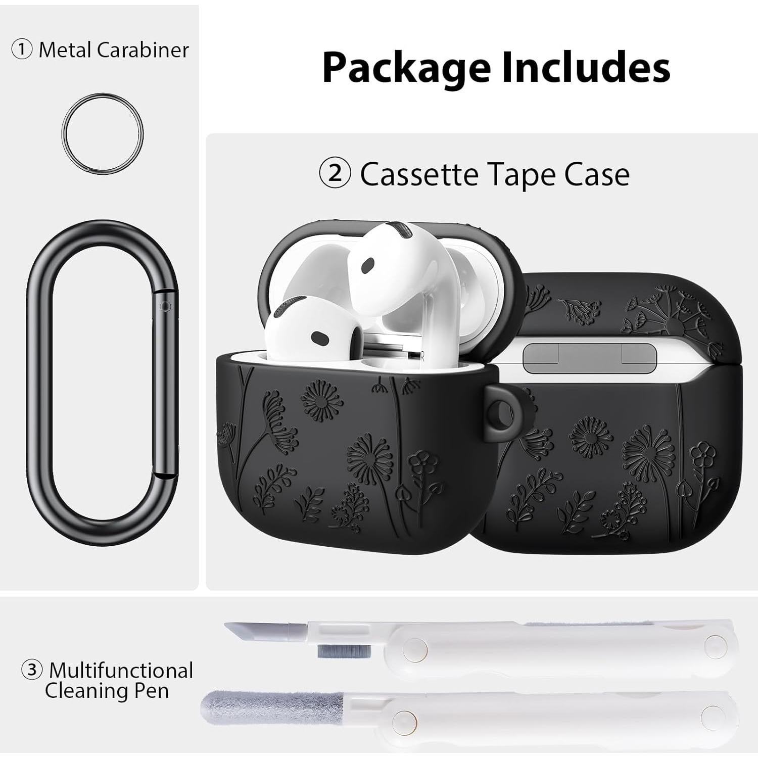 Funda Protectora Silicona QINGQING para AirPods 4 Floral 3D Negra