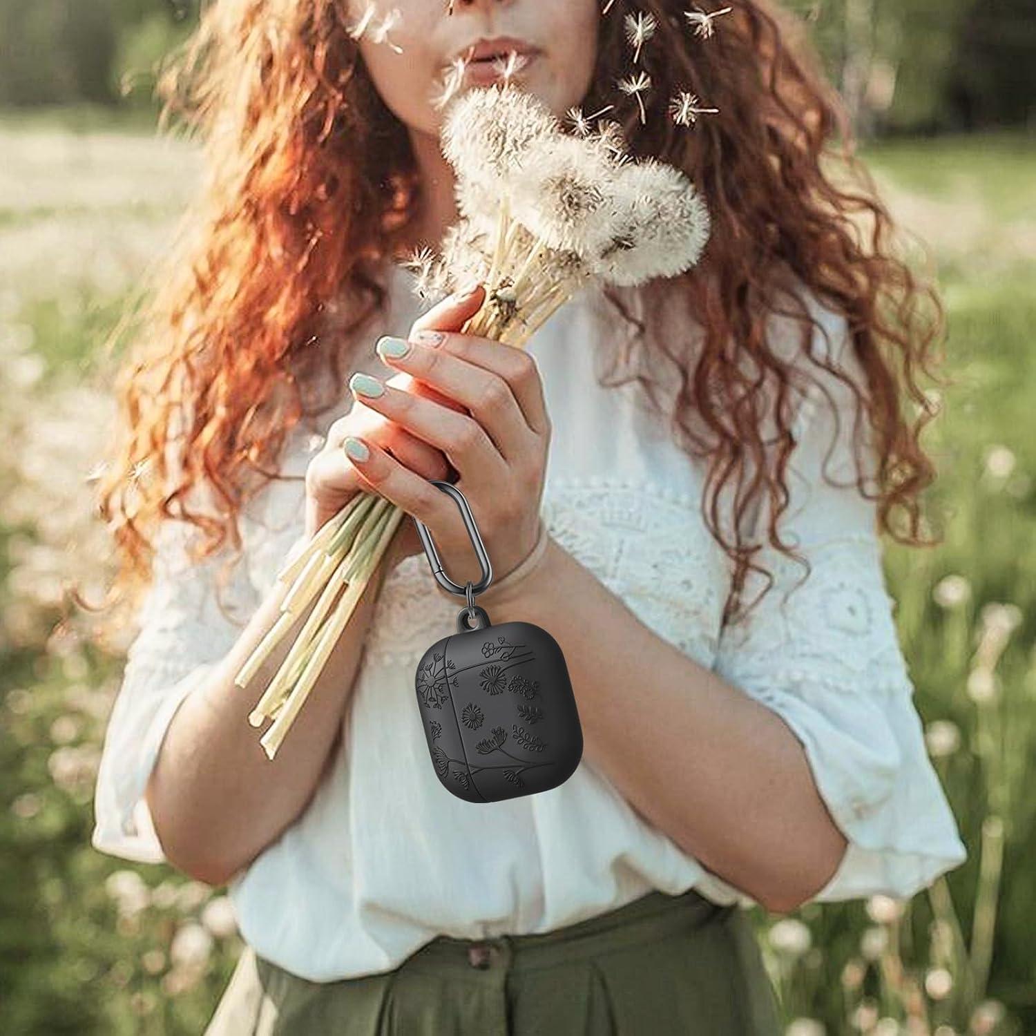 Funda Protectora Silicona QINGQING para AirPods 4 Floral 3D Negra