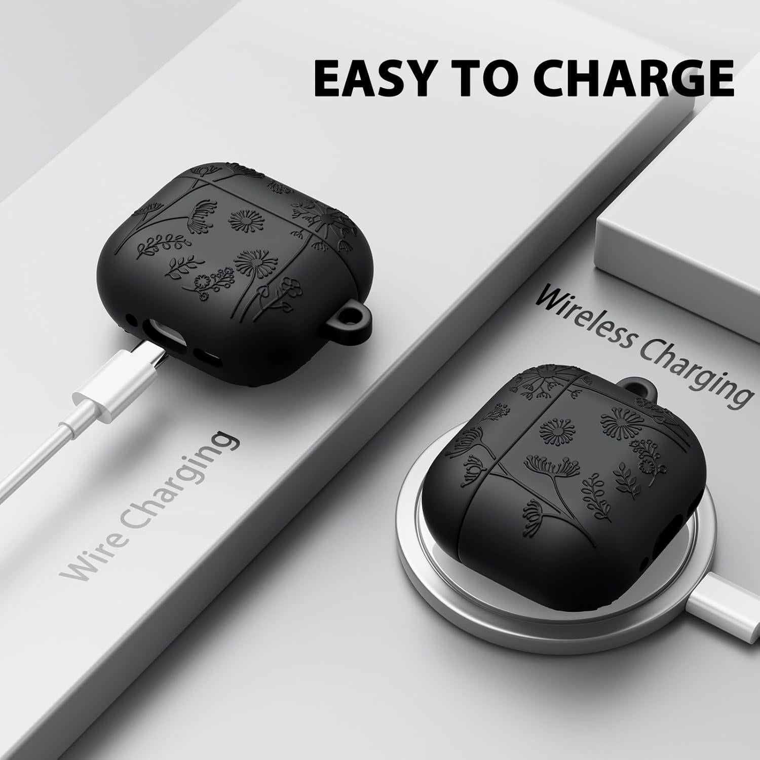 Funda Protectora Silicona QINGQING para AirPods 4 Floral 3D Negra