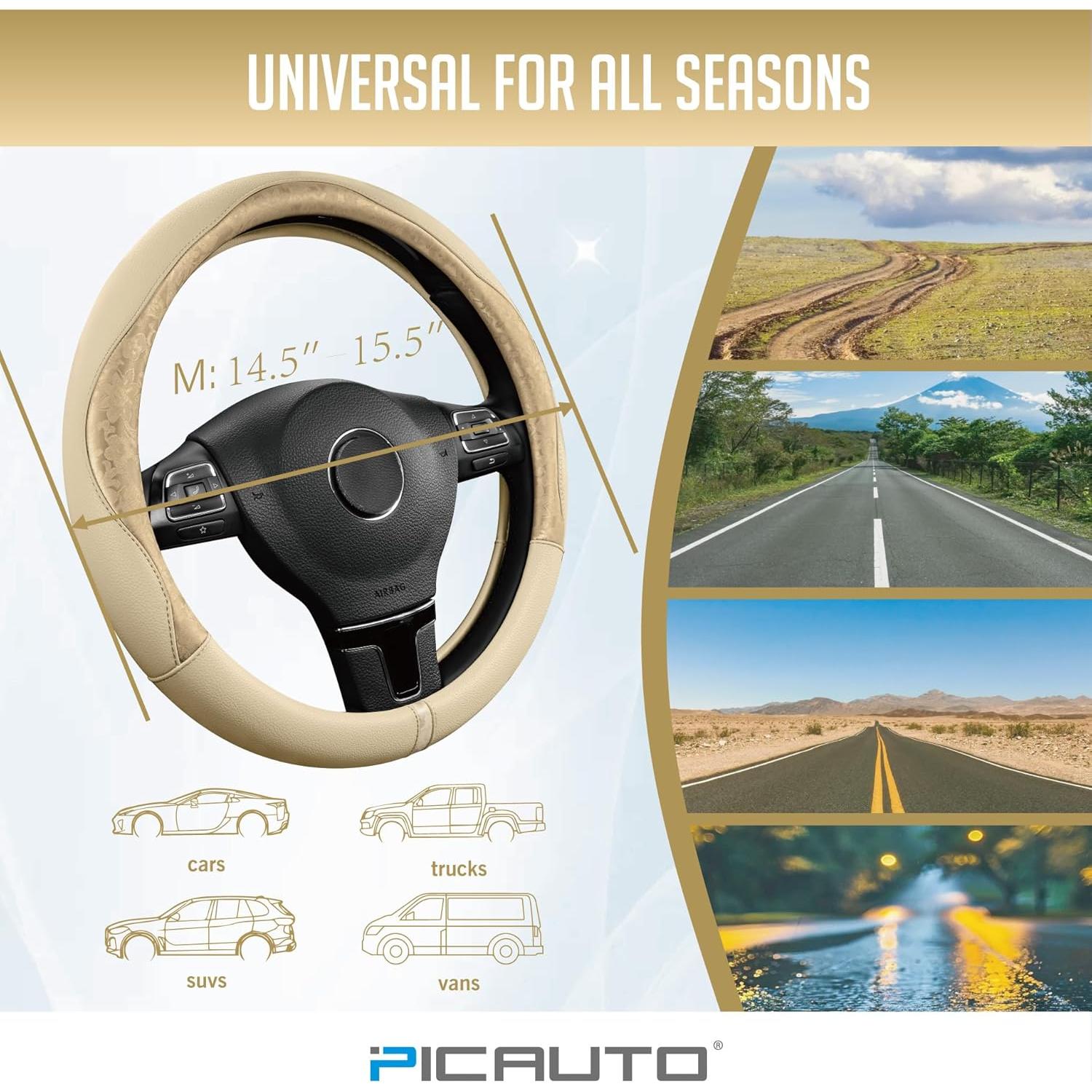 Cubierta de Volante PIC AUTO Dorada, Piel PU Antideslizante 36.8-39.4 cm