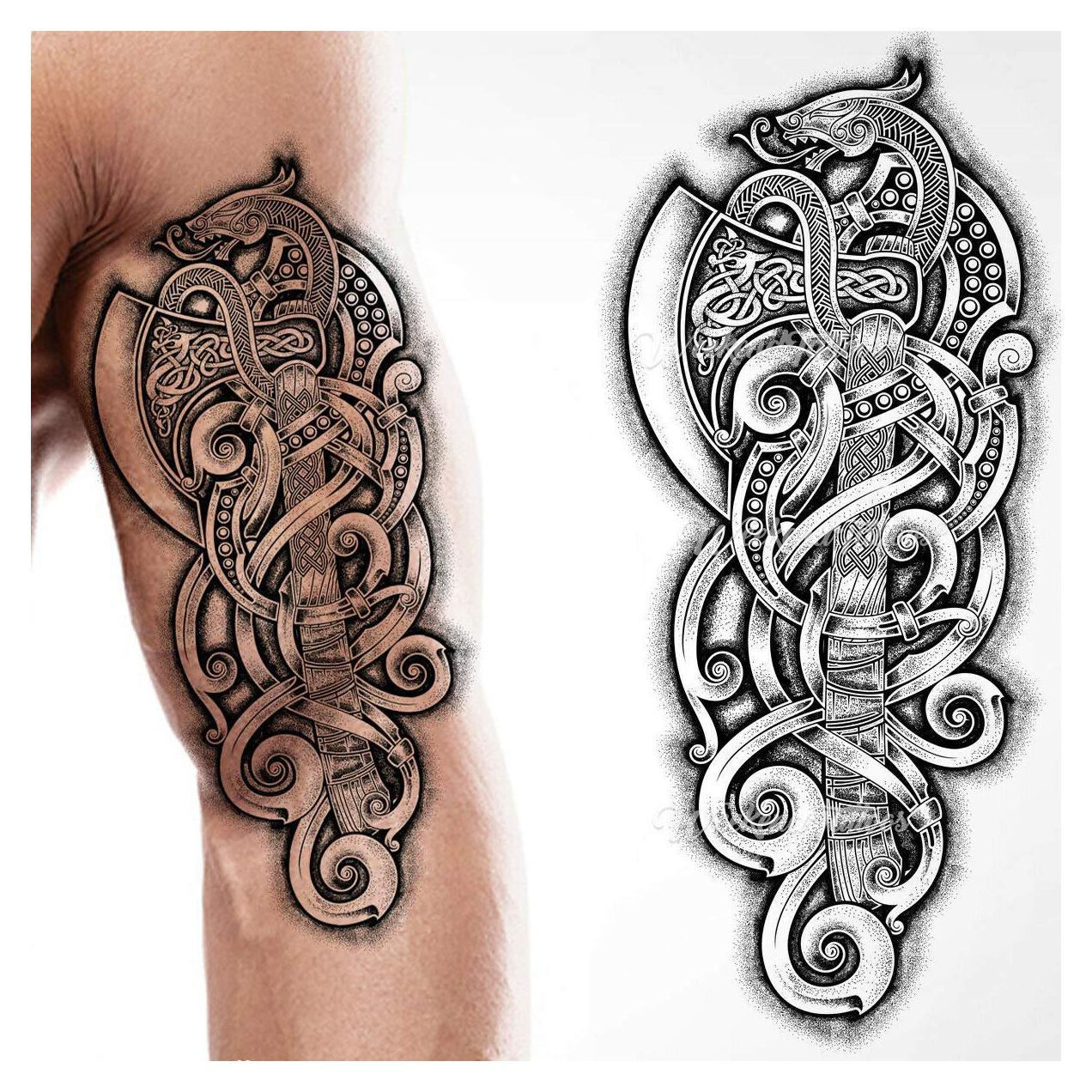 Tatuaje Temporal Tribal Hacha Dragón Negro Tatodays 21x15 cm