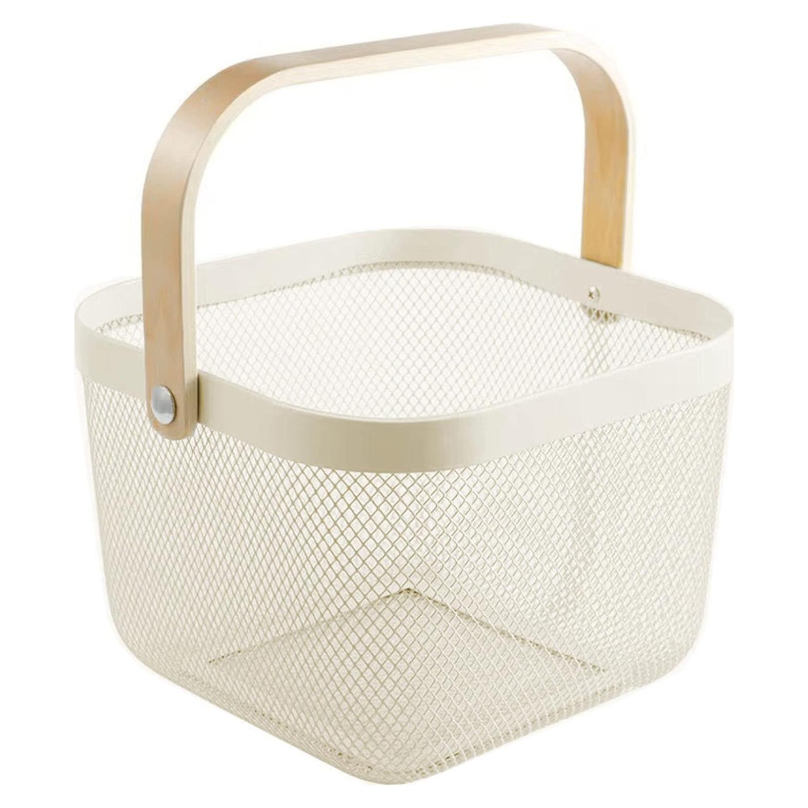 Cesta de Malla de Metal AJIODA con Mango de Bambú Beige 25x26x18 cm