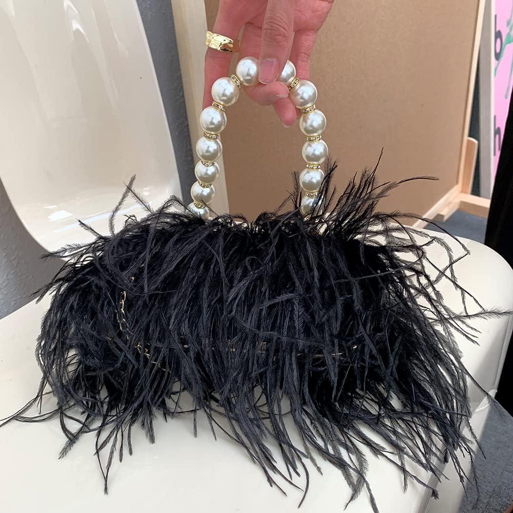 Bolso de Noche de Piel de Avestruz Negro para Mujeres