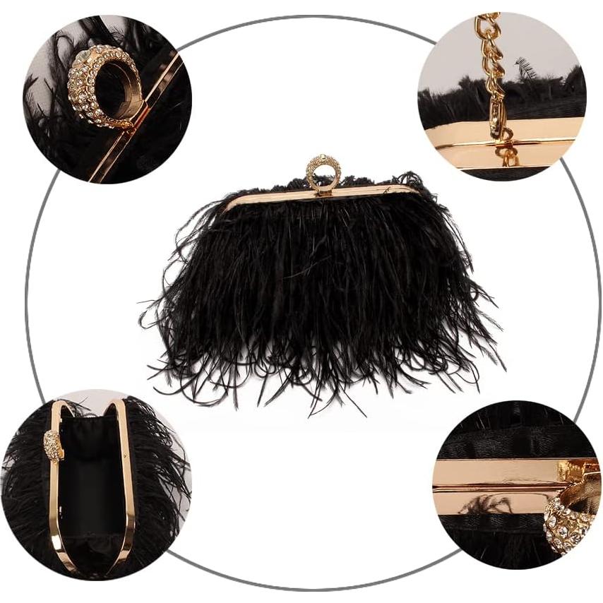 Bolso de Noche de Piel de Avestruz Negro para Mujeres