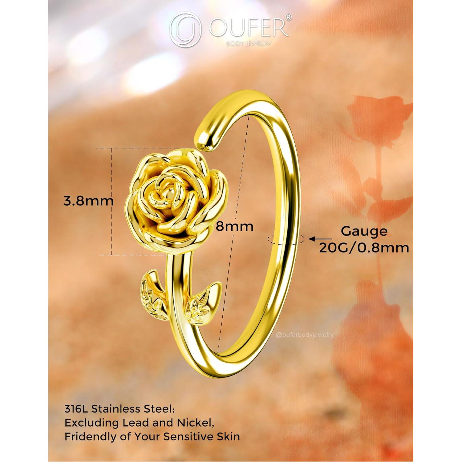 Anillo de Nariz OUFER Flor Rosa 20G Acero Inoxidable 8mm
