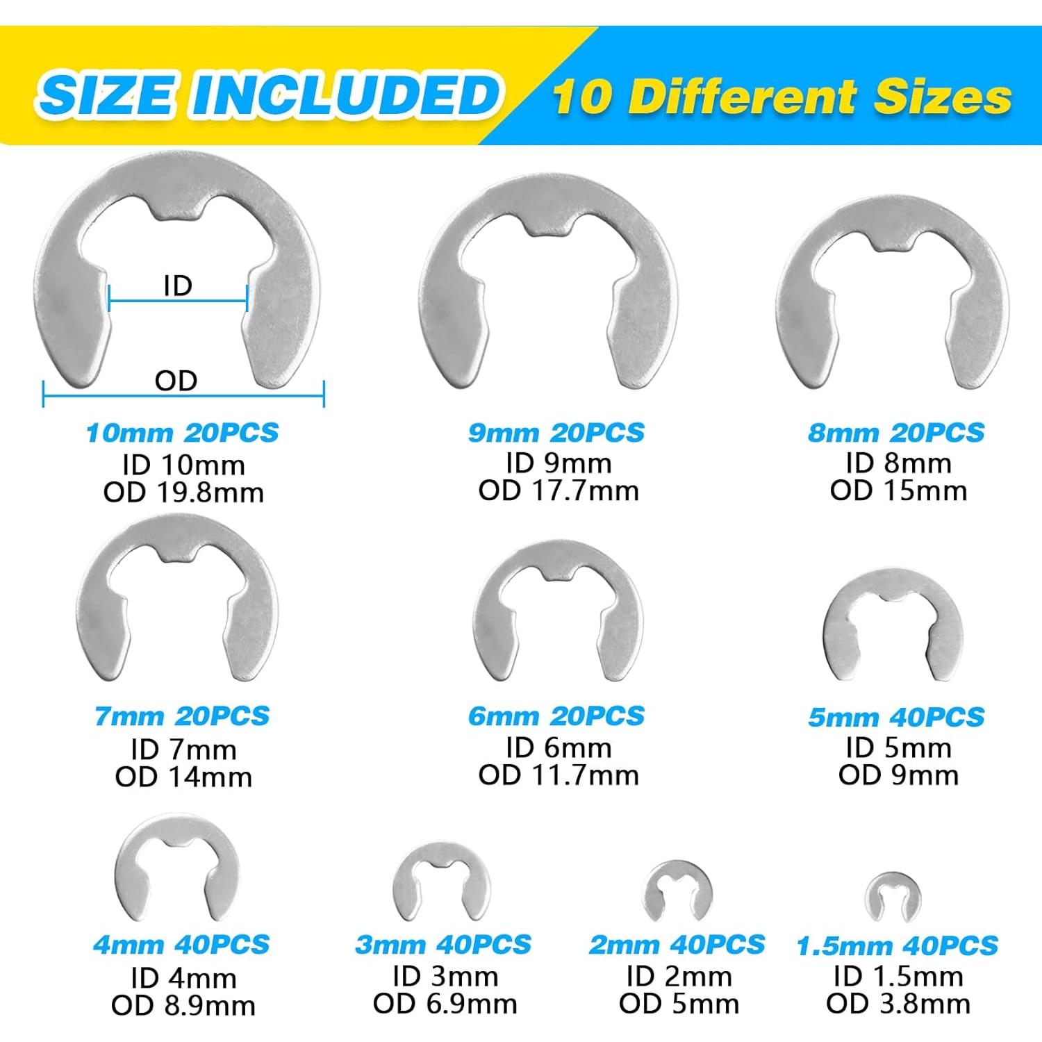 Kit de Anillos de Retención Externos C-clip 800 Pcs Acero Inoxidable