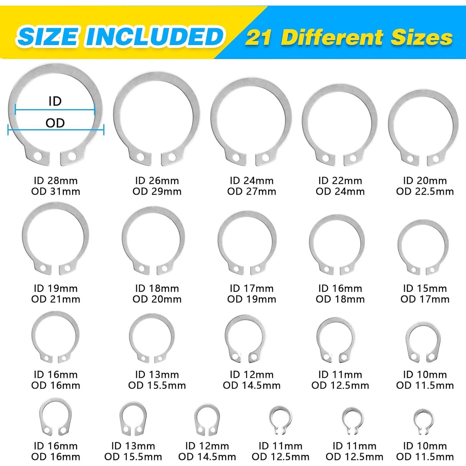 Kit de Anillos de Retención Externos C-clip 800 Pcs Acero Inoxidable