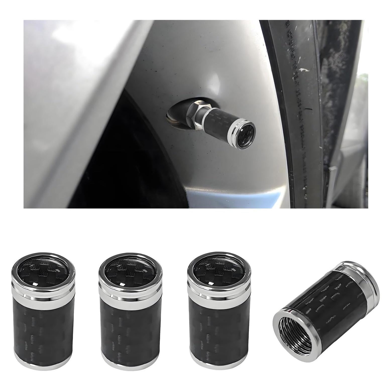 4 Tapones de Válvula de Neumático KVAEY - Fibra de Carbono Plata