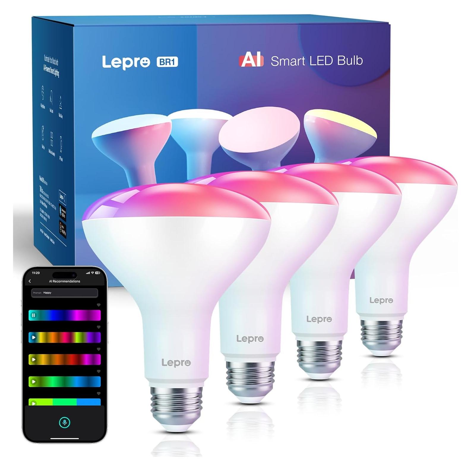 Bombillas LED Inteligentes Lepro BR1 RGBWW 8W Paquete de 4