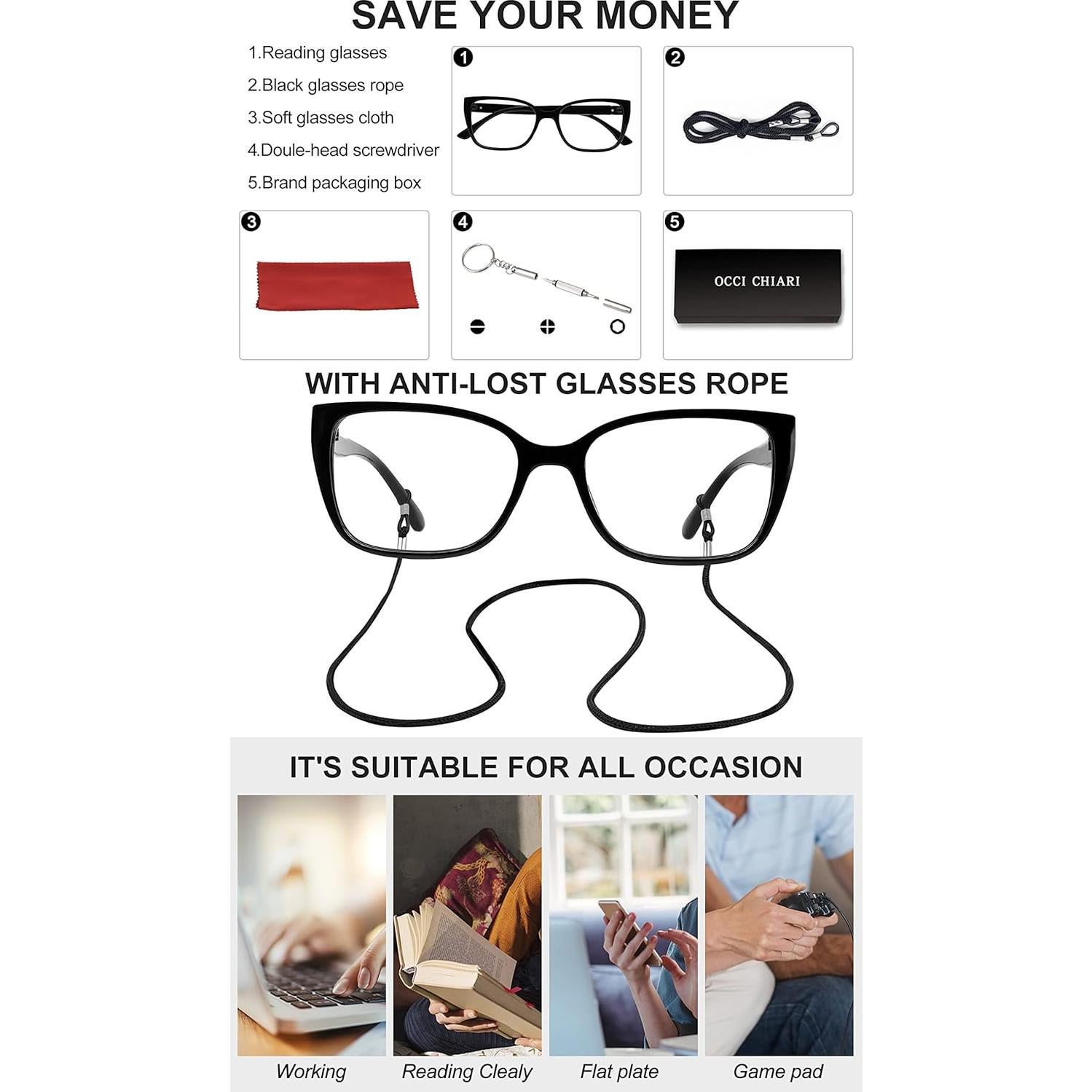 Gafas de lectura OCCI CHIARI para mujeres, bloqueadoras luz azul 1.0x