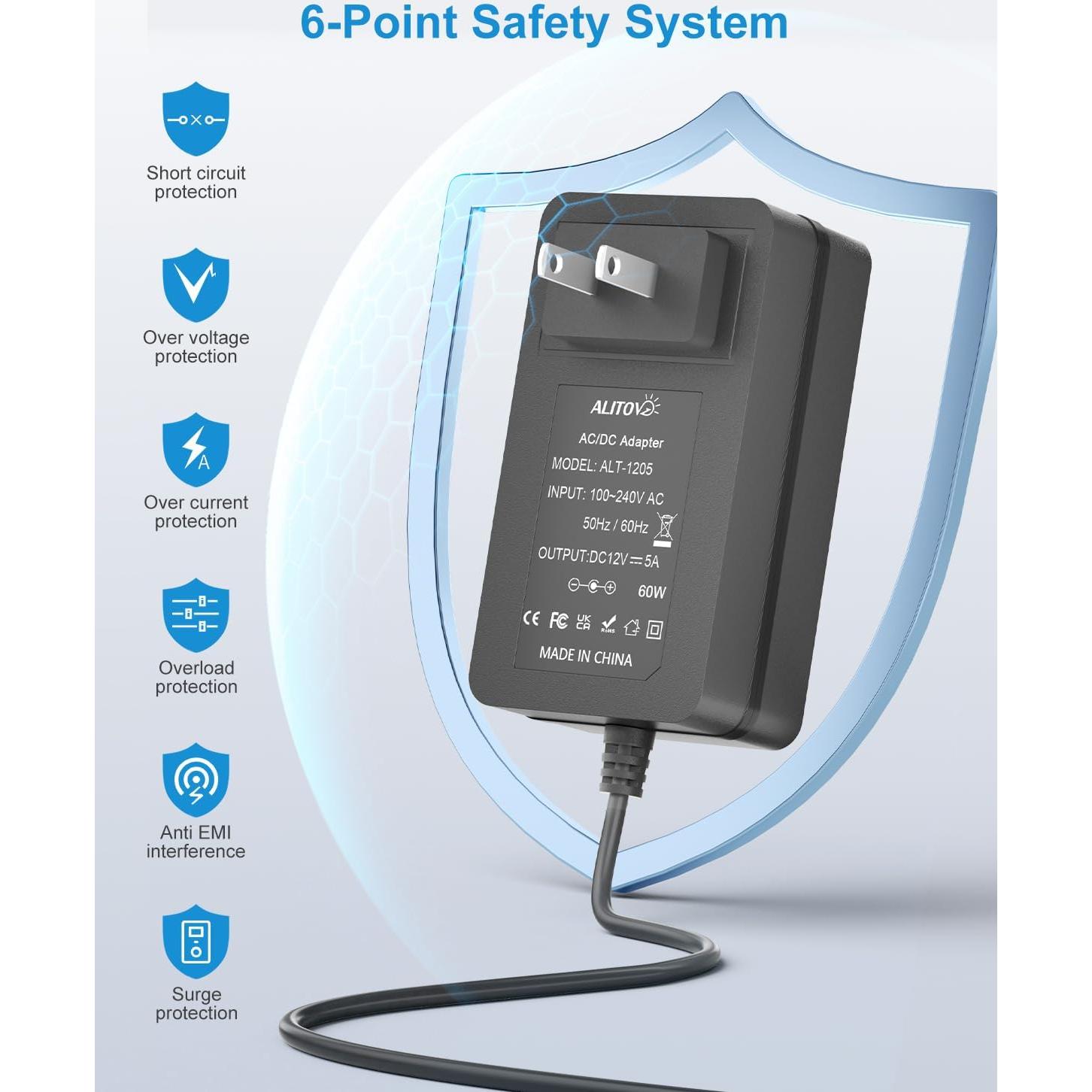 Fuente de Poder 12V 5A ALITOVE Adaptador CA 100-240V 6.2FT