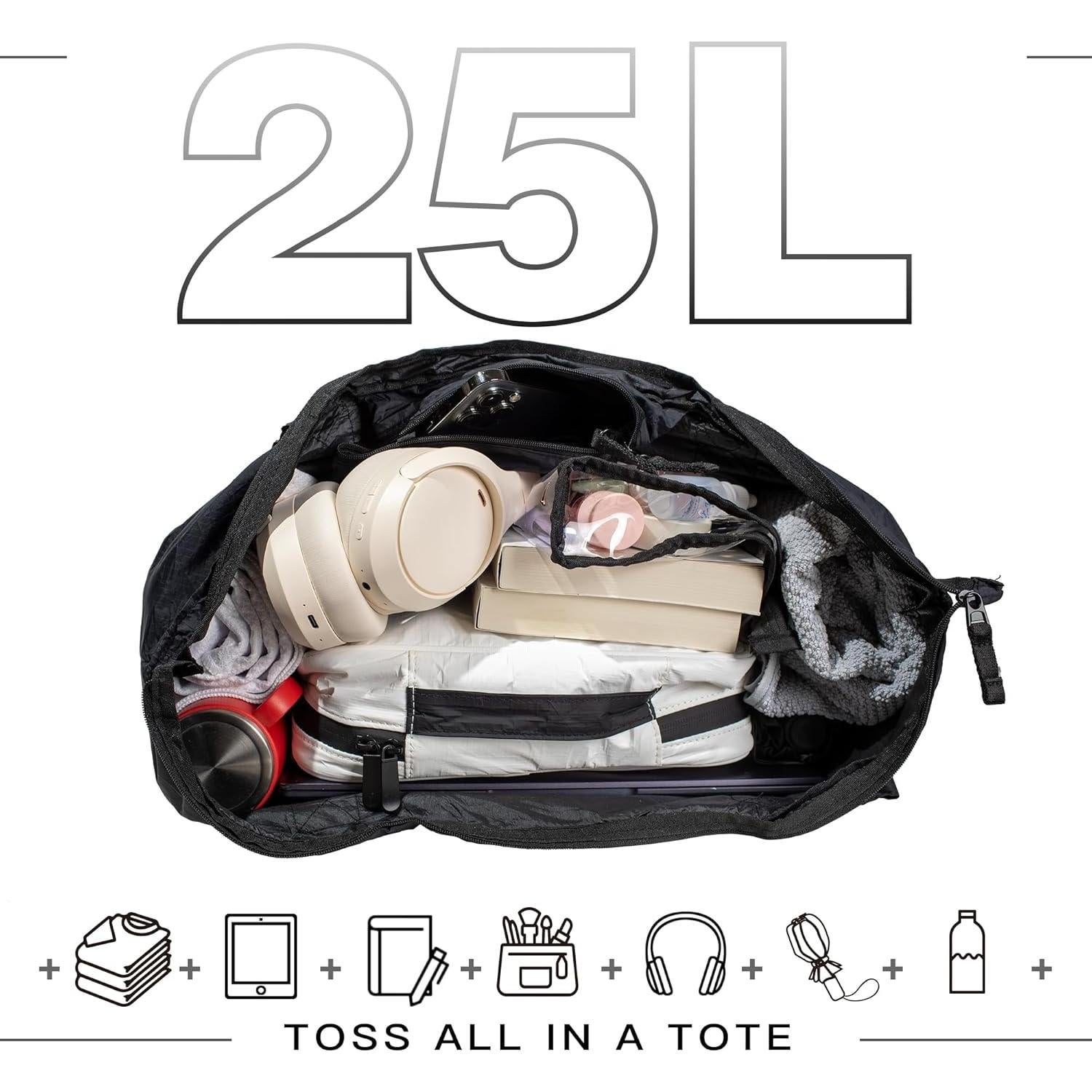 Bolsa Tote Plegable de Nailon 25L Negra - Ligera y Compacta