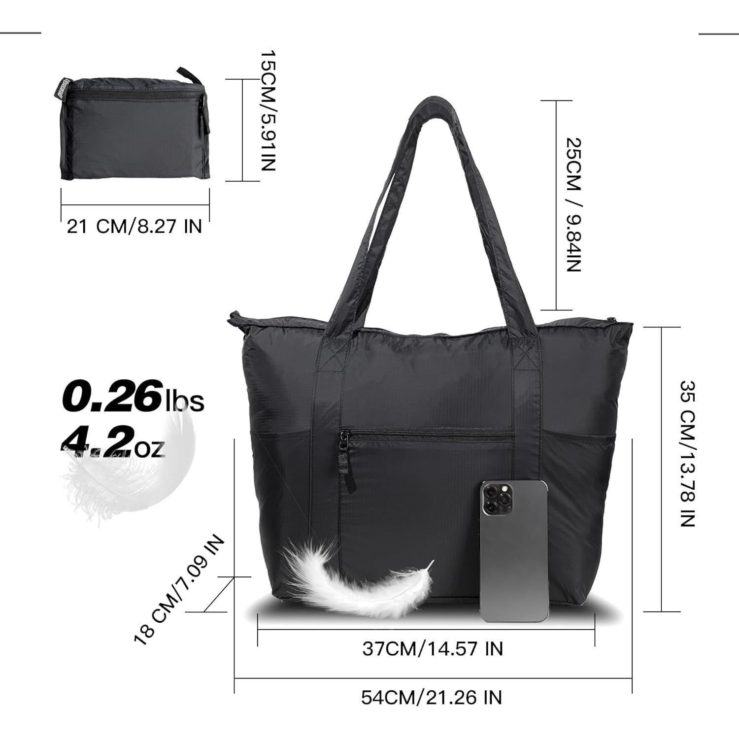 Bolsa Tote Plegable de Nailon 25L Negra - Ligera y Compacta