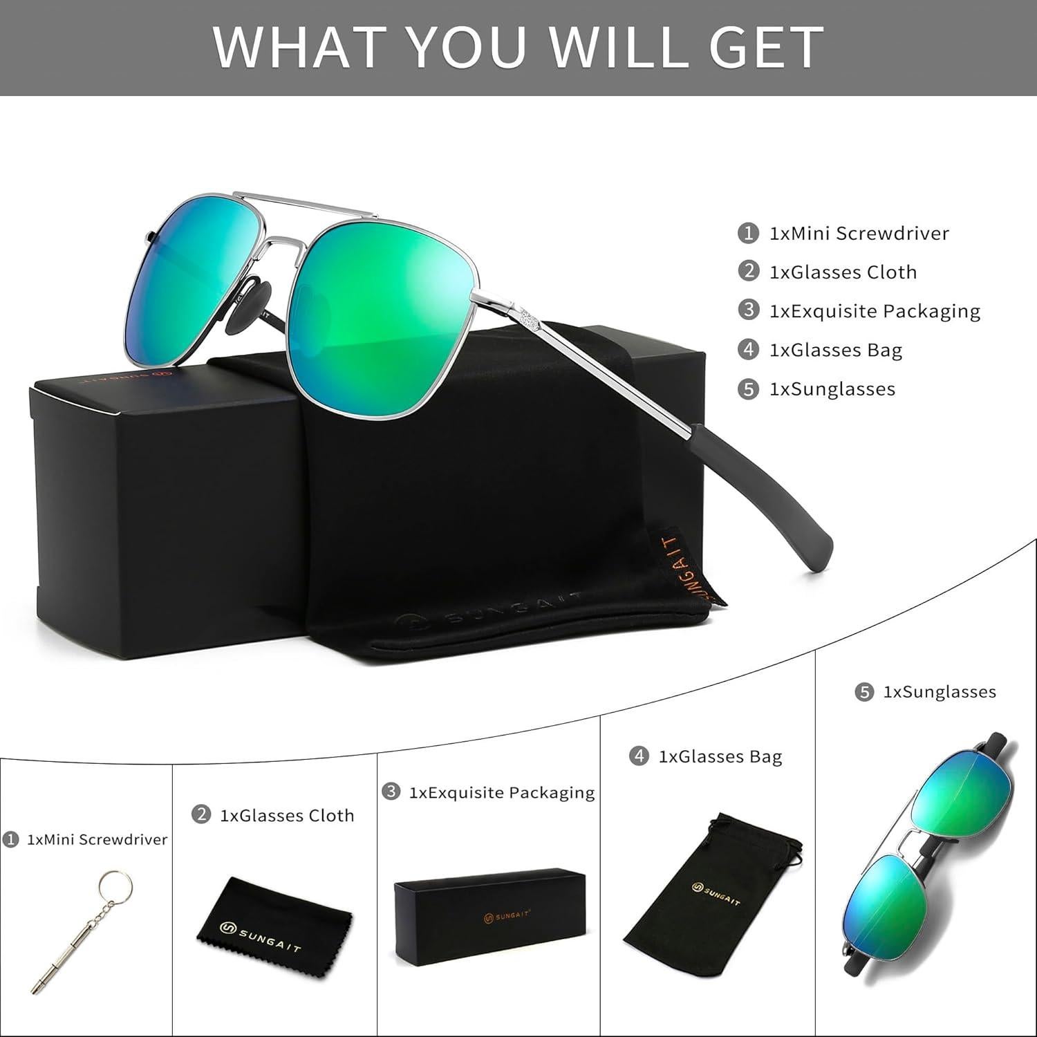 Gafas de sol piloto SUNGAIT con lentes polarizados verdes