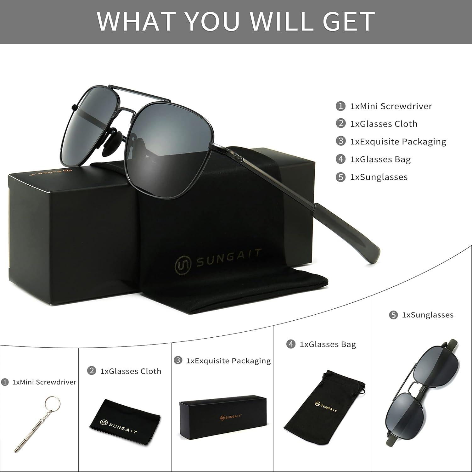 Gafas de sol piloto SUNGAIT con lentes polarizados y patillas
