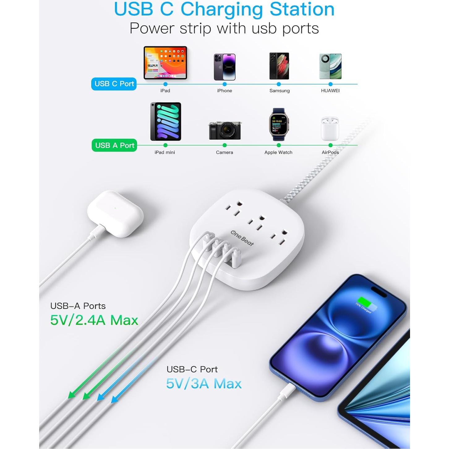 Regleta de Viaje One Beat con 3 Salidas y 4 Puertos USB