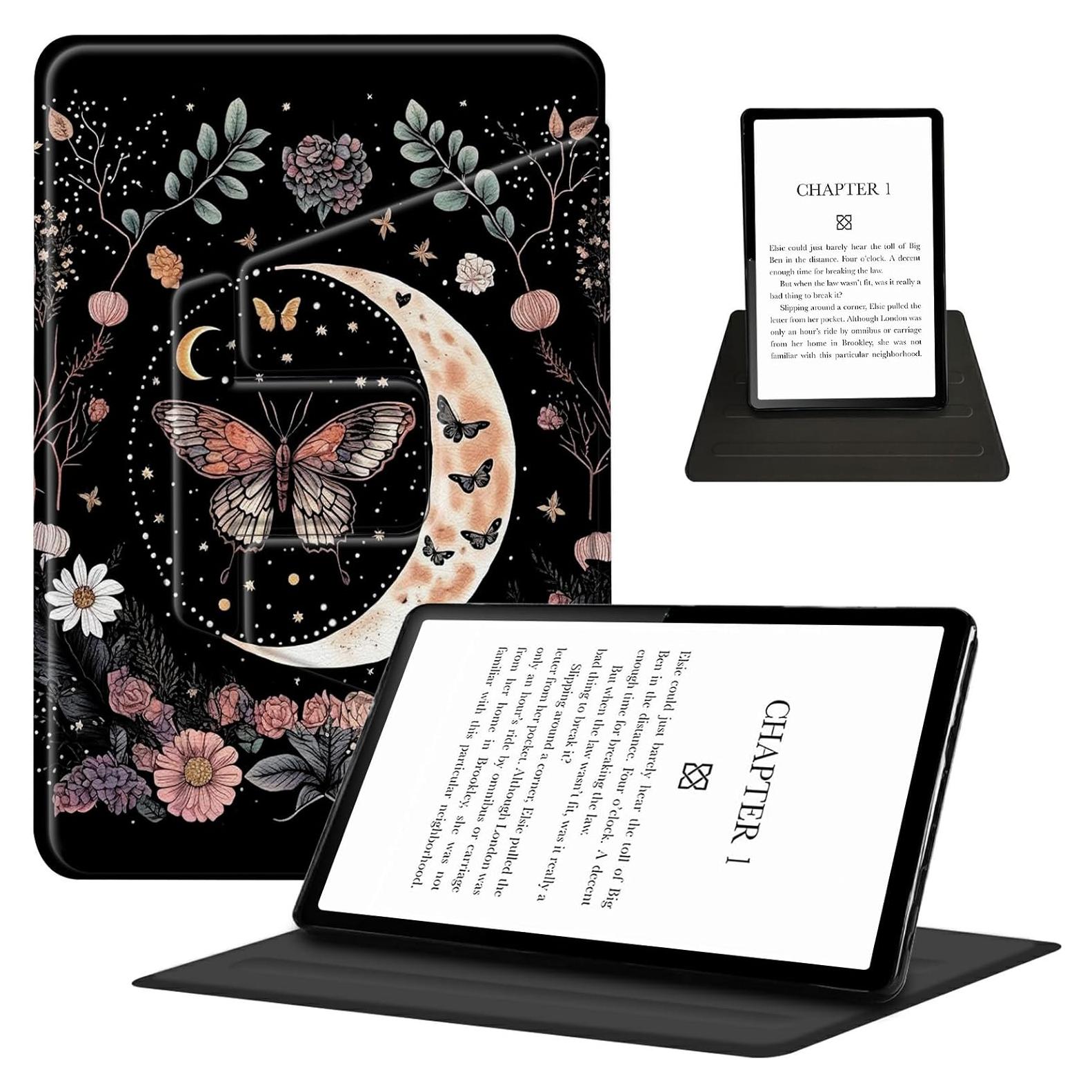 Case for Amazon 6.8" Kindle Paperwhite(11th Generation 2021 Release) 360 Degree Rotating Swivel Stand PU Leather Cover with Auto Wake Sleep, Aesthetic Butterfly Moon