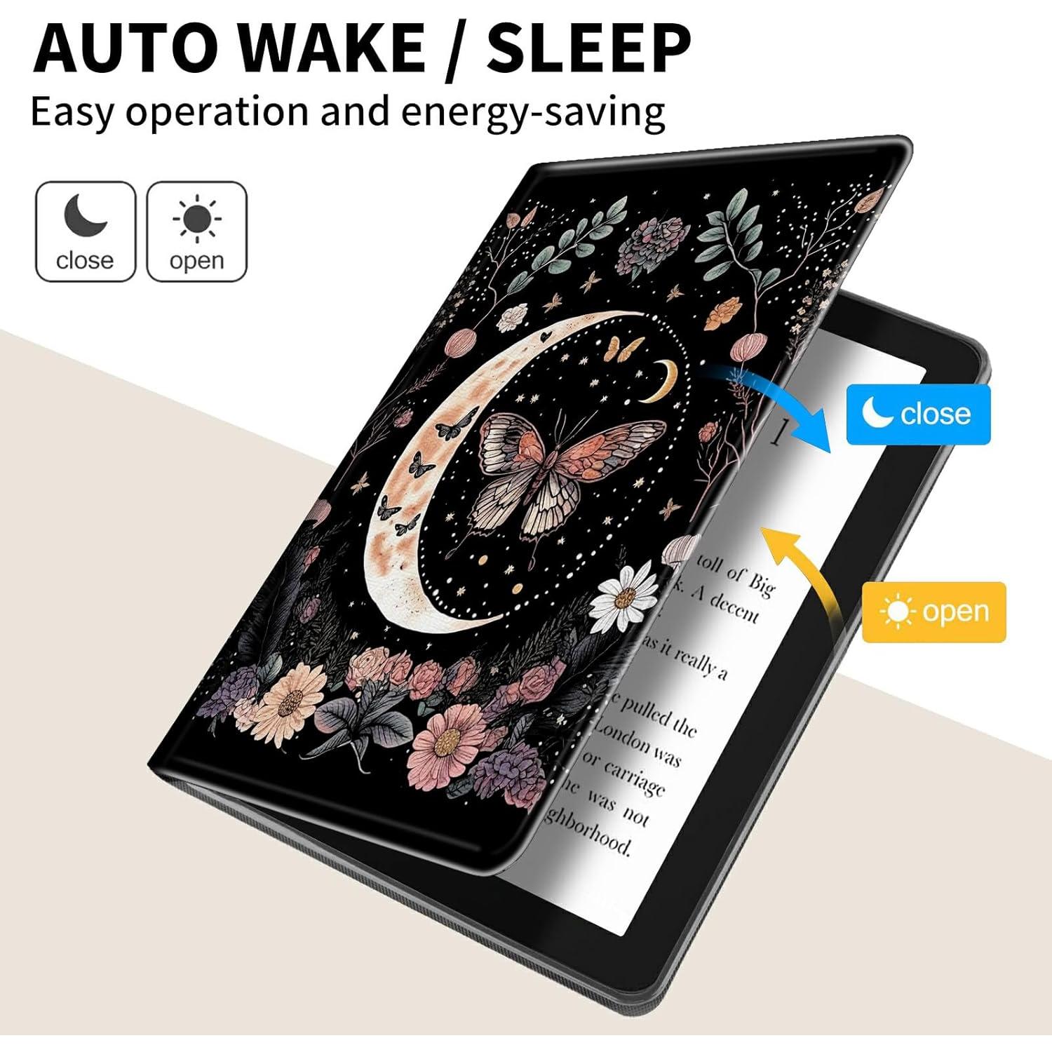 Case for Amazon 6.8" Kindle Paperwhite(11th Generation 2021 Release) 360 Degree Rotating Swivel Stand PU Leather Cover with Auto Wake Sleep, Aesthetic Butterfly Moon