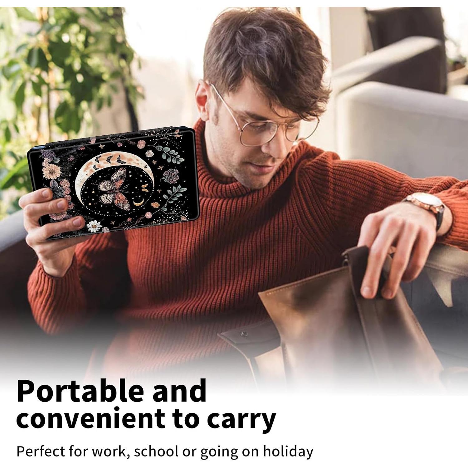 Case for Amazon 6.8" Kindle Paperwhite(11th Generation 2021 Release) 360 Degree Rotating Swivel Stand PU Leather Cover with Auto Wake Sleep, Aesthetic Butterfly Moon