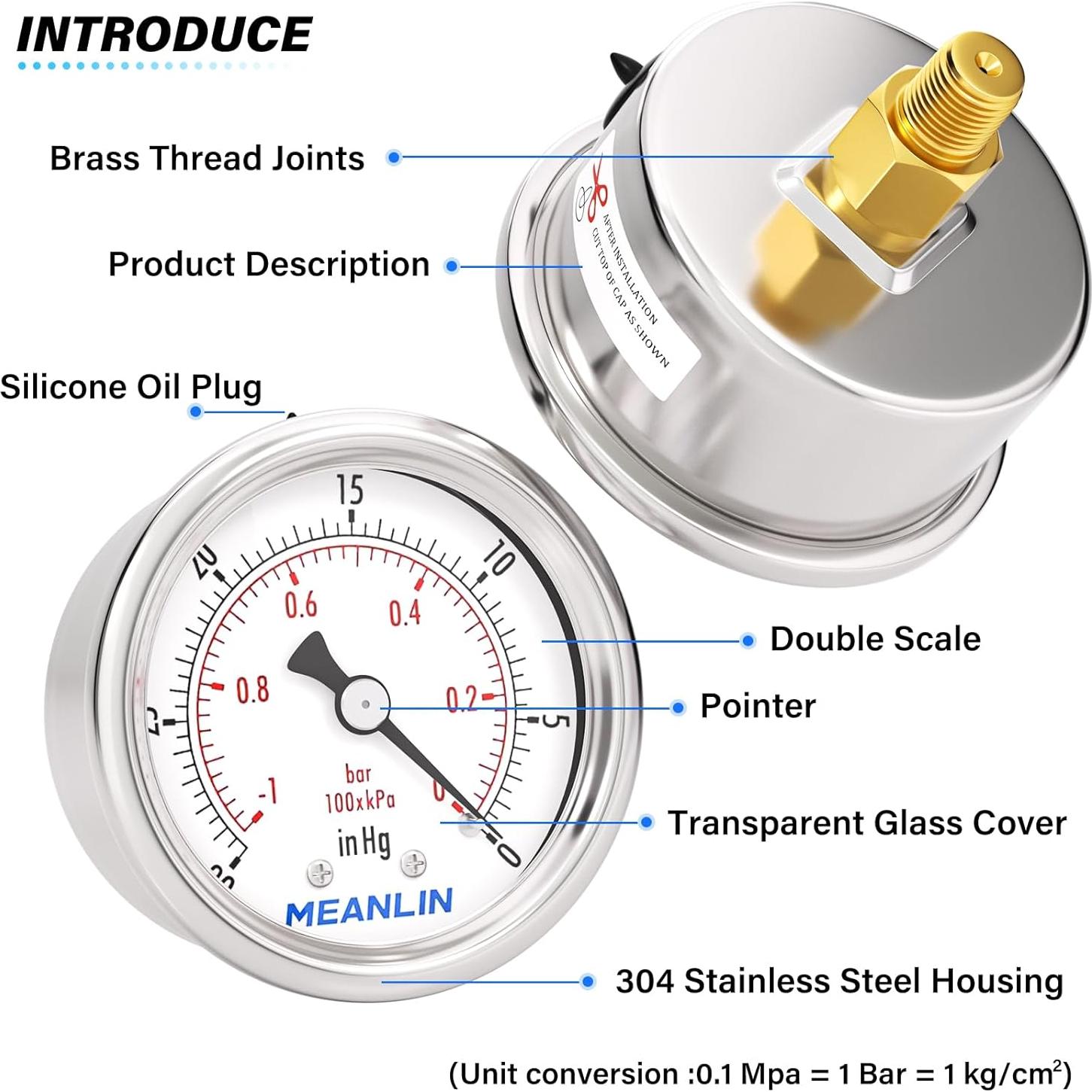Manómetro de Vacío MEANLIN 1/8" NPT 2" Acero Inoxidable