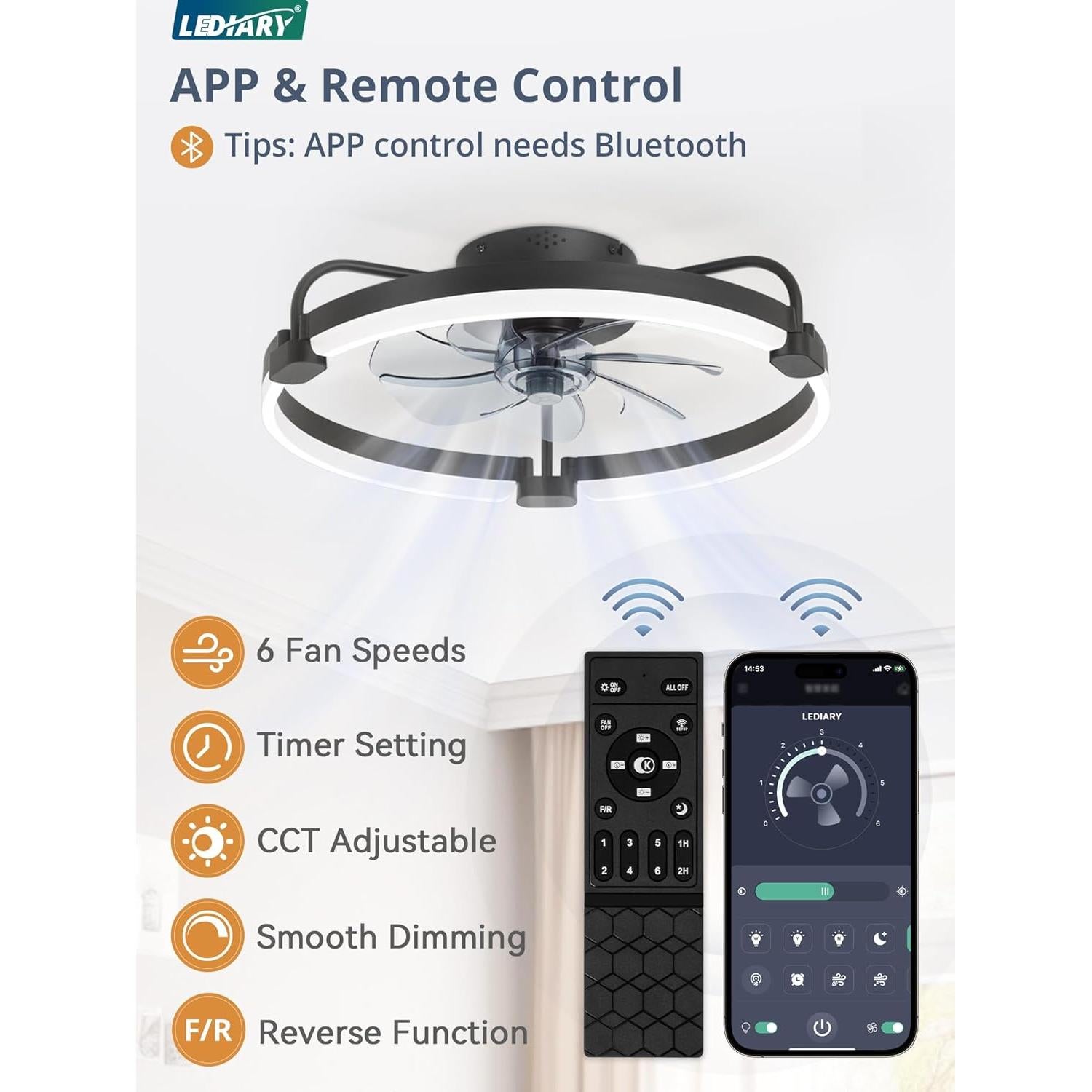 Ventilador de Techo LEDIARY 50.8 cm con Luz y Control Remoto